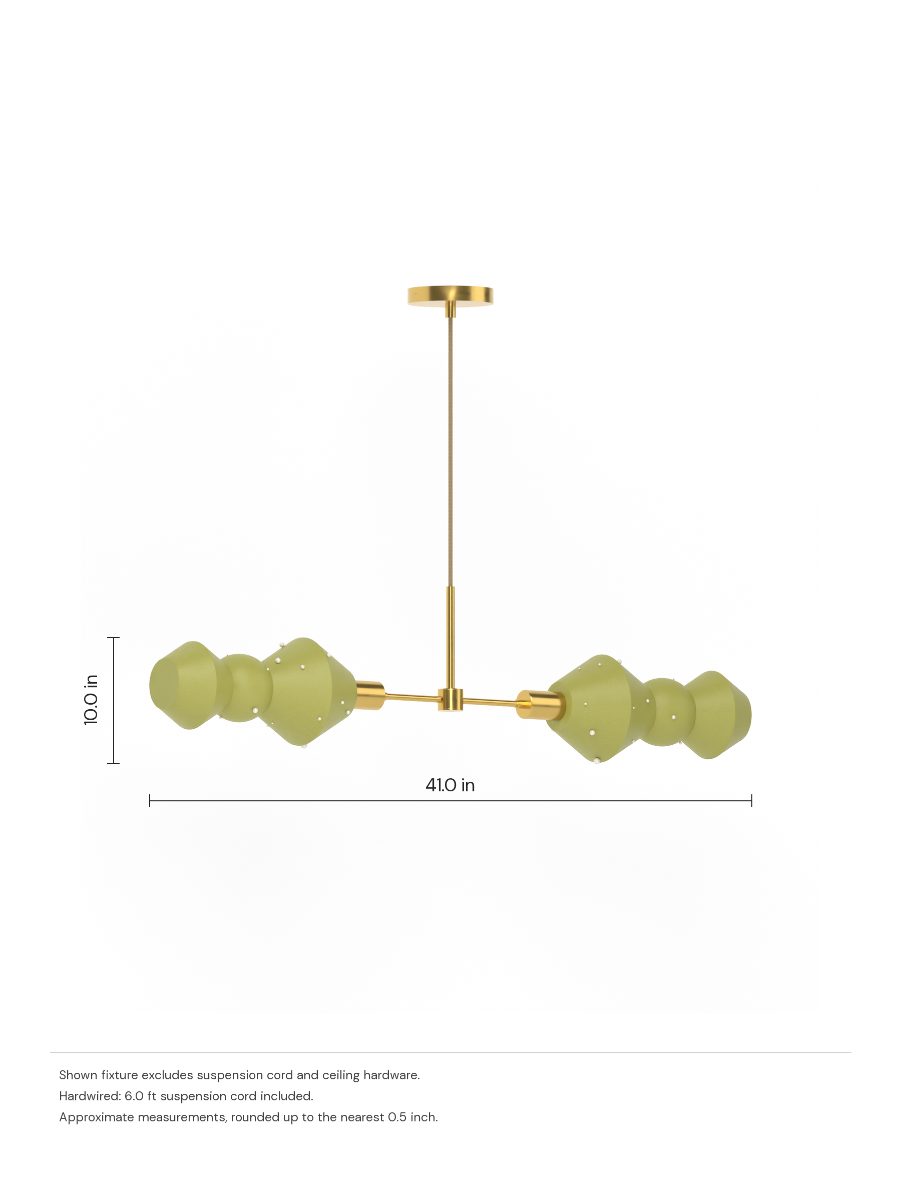 Viv Eavesdropper in French Monk with Pearl details with brass hardware, hardwired. Dimension drawing: 10.0 in high × 41.0 in wide, excluding flexible cords.