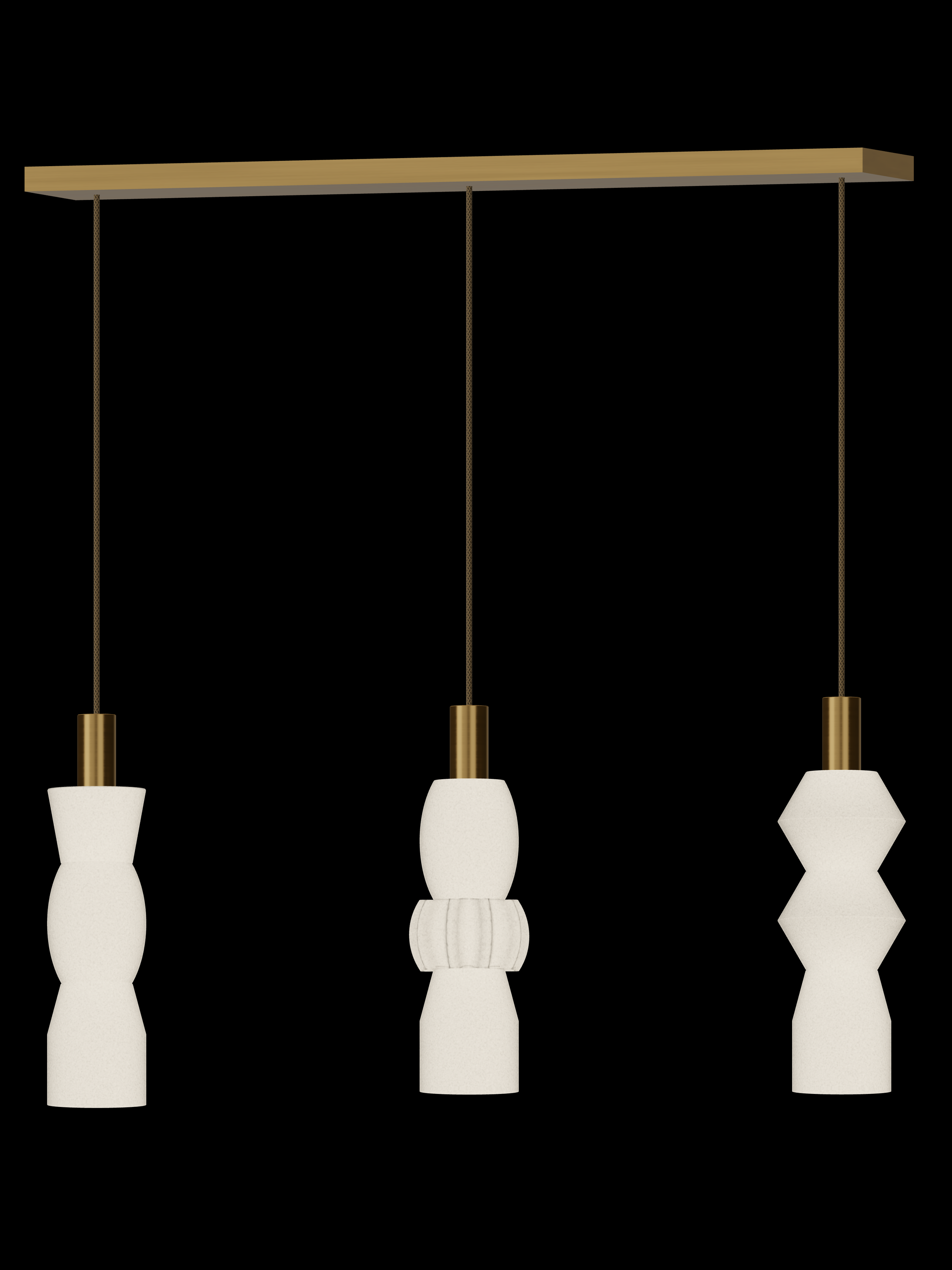 Cord Runway 3 three-pendant light with shapes glowing warm white and brass hardware; hardwired version.