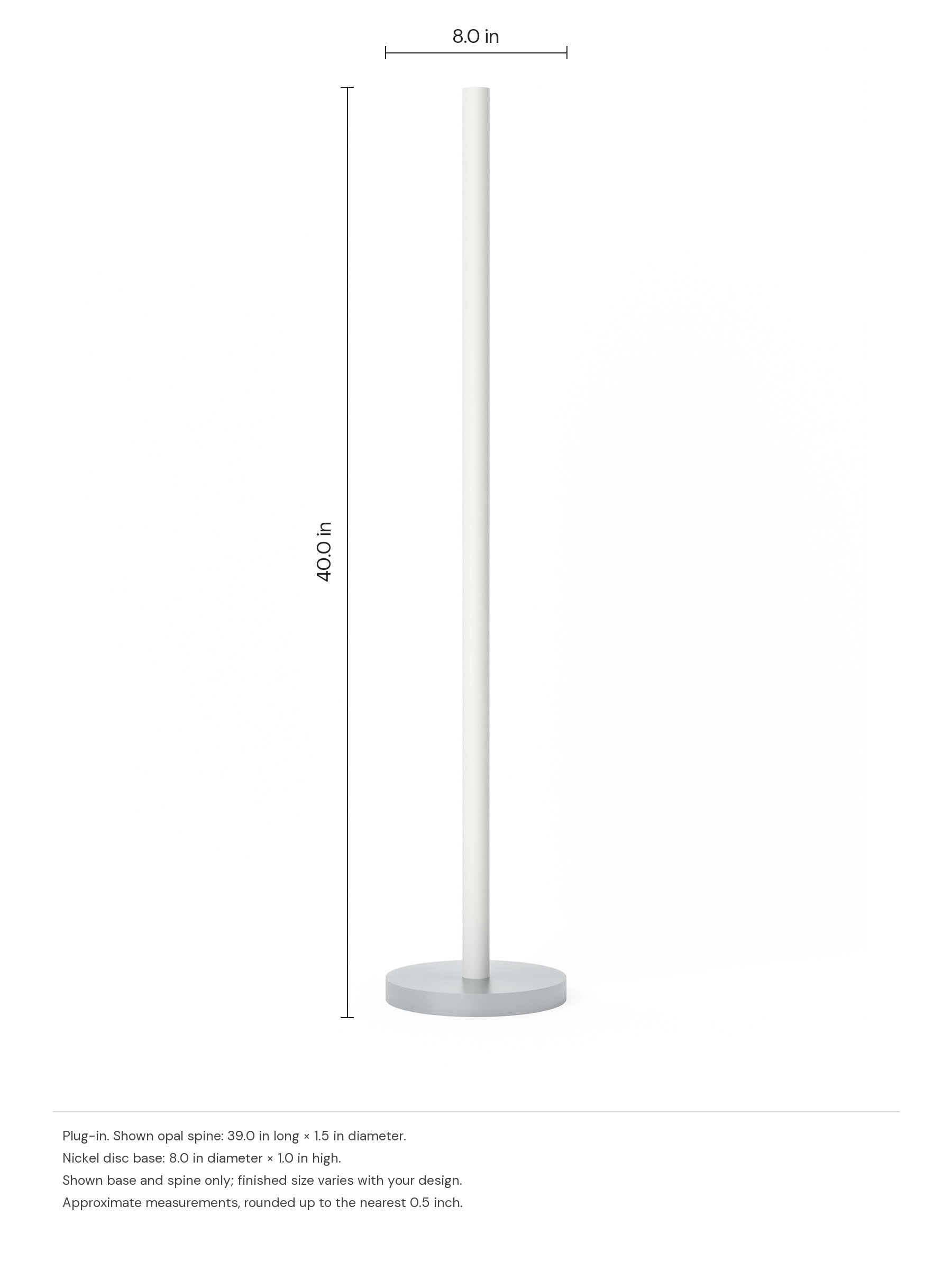 Custom Totem 39 preview dimension drawing: 40.0 in high and 8.0 in wide; finished dimensions vary with your design.
