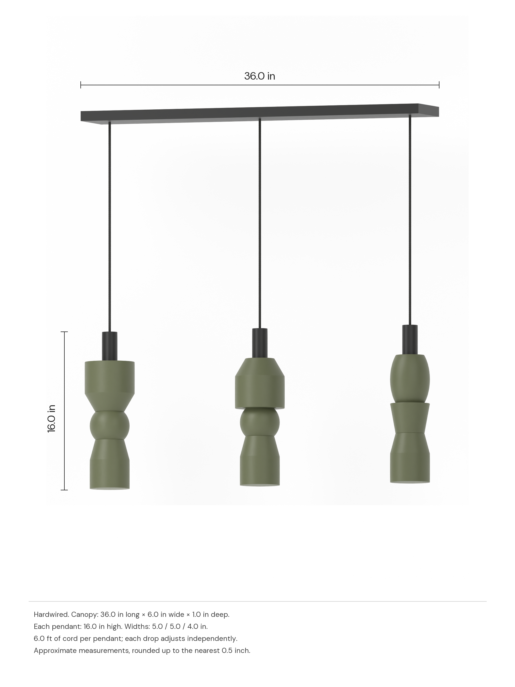Major Runway 3 in Dark Green with black hardware, hardwired. Dimension drawing: 36.0 in canopy, 16.0 in pendant height.