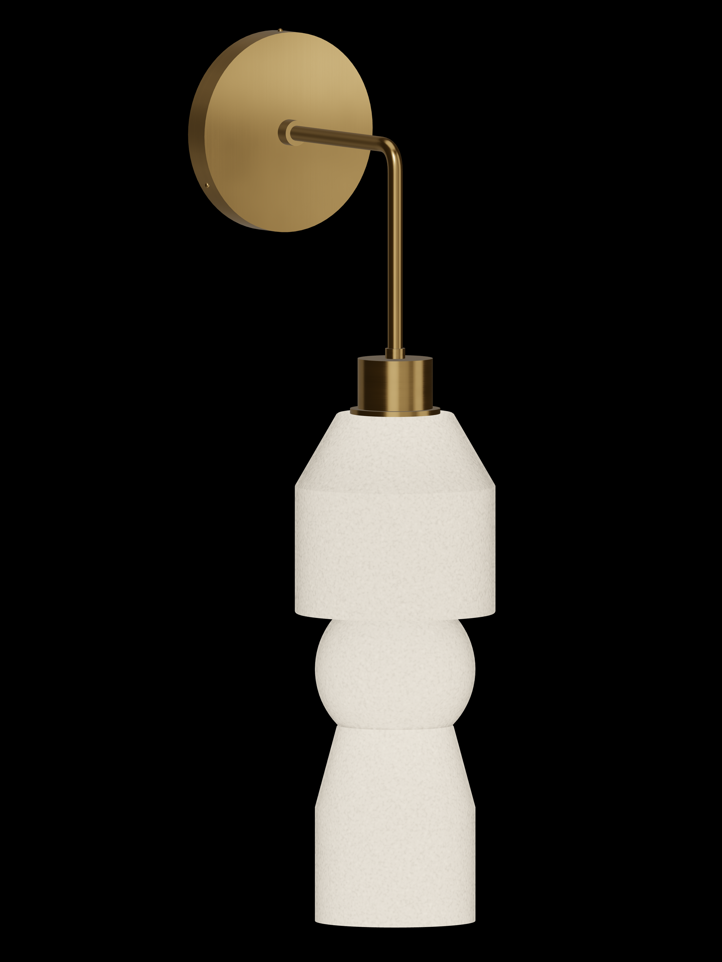 Cord Drop Out wall sconce with a hanging stack with shapes glowing warm white and brass hardware; hardwired version.