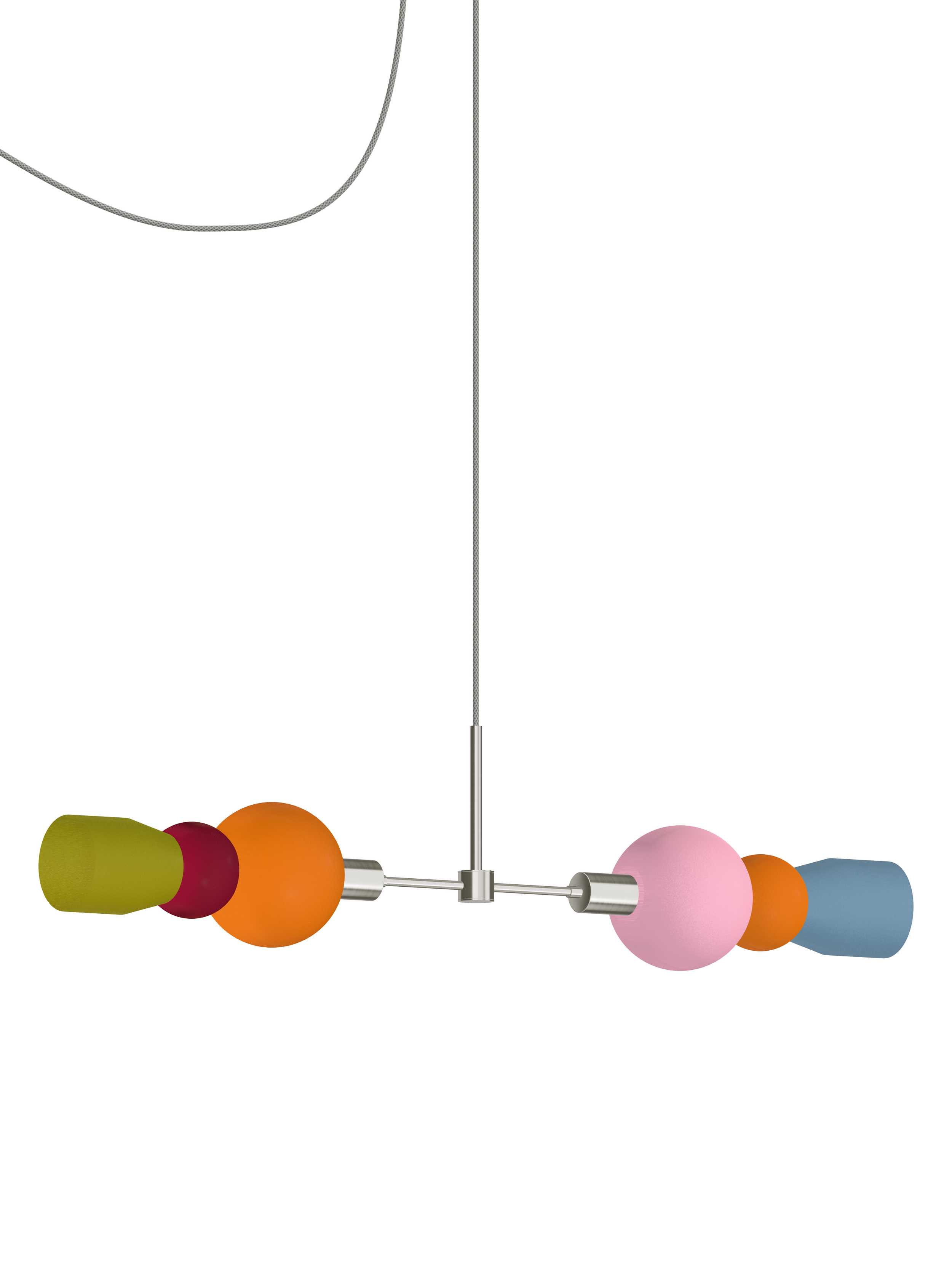Benny Eavesdropper horizontal pendant with multicolor shapes and nickel hardware; plug-in version, light off.