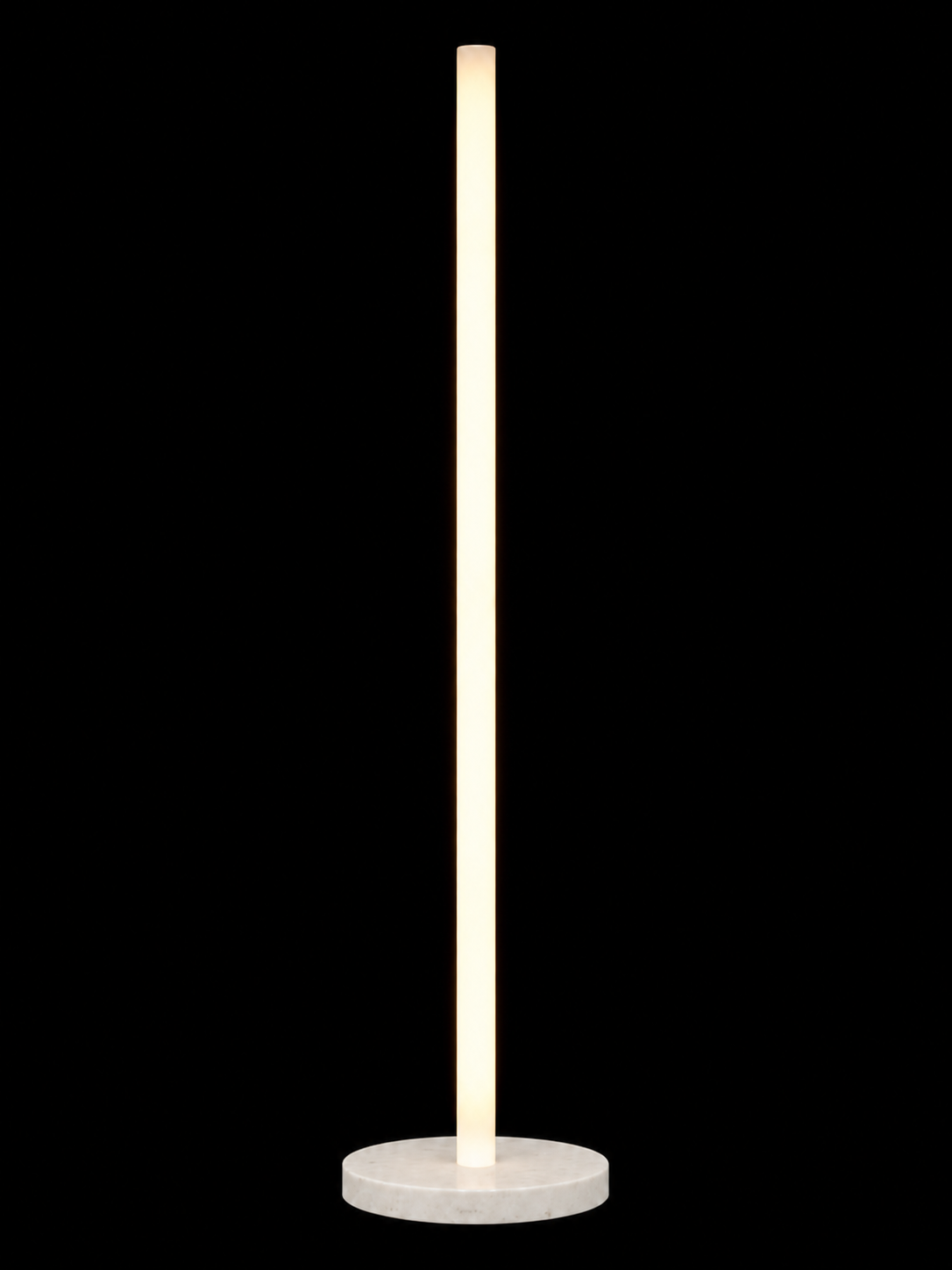 Eldon Trace Column lamp in black marble, a warm white lit column on a round black marble disc base.