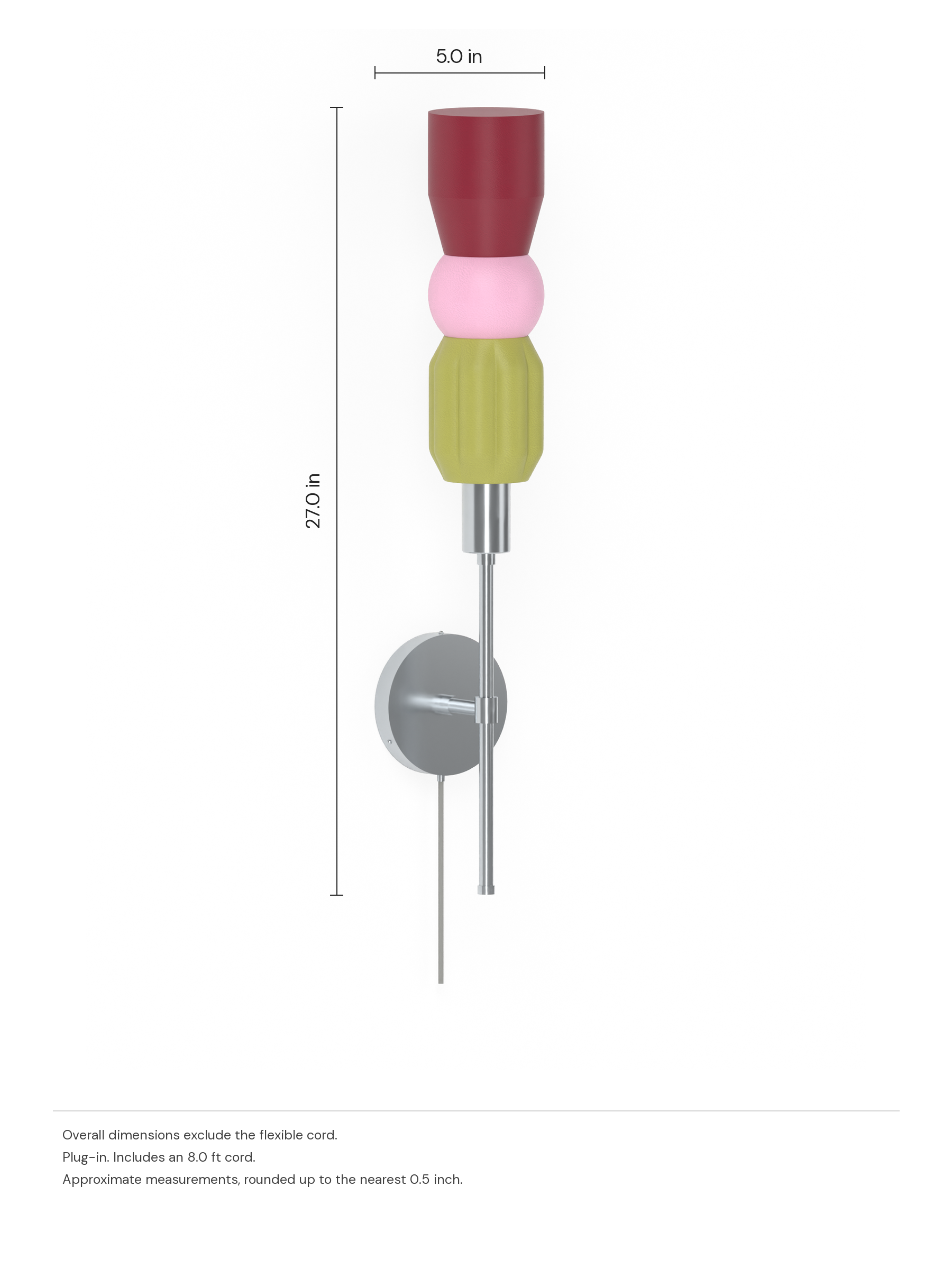 Benny Wallflower in French Monk, Sakura Pink and Cordovan with nickel hardware, plug-in. Dimension drawing: 27.0 in high × 5.0 in wide, excluding flexible cords.
