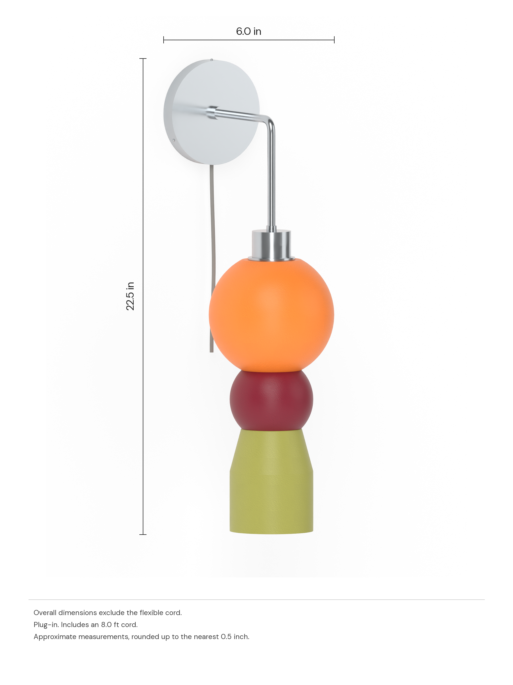 Benny Drop Out in Orange, Cordovan and French Monk with nickel hardware, plug-in. Dimension drawing: 22.5 in high × 6.0 in wide, excluding flexible cords.