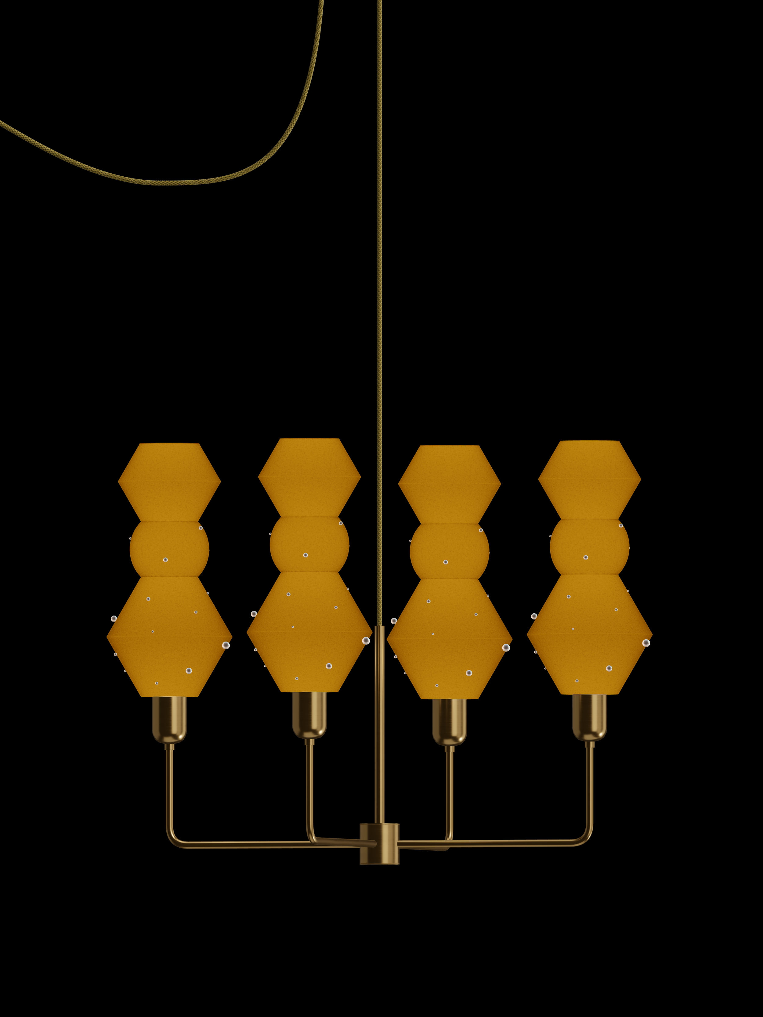 Viv Auburn four-arm chandelier with shapes glowing amber with pearl details and brass hardware; plug-in version.