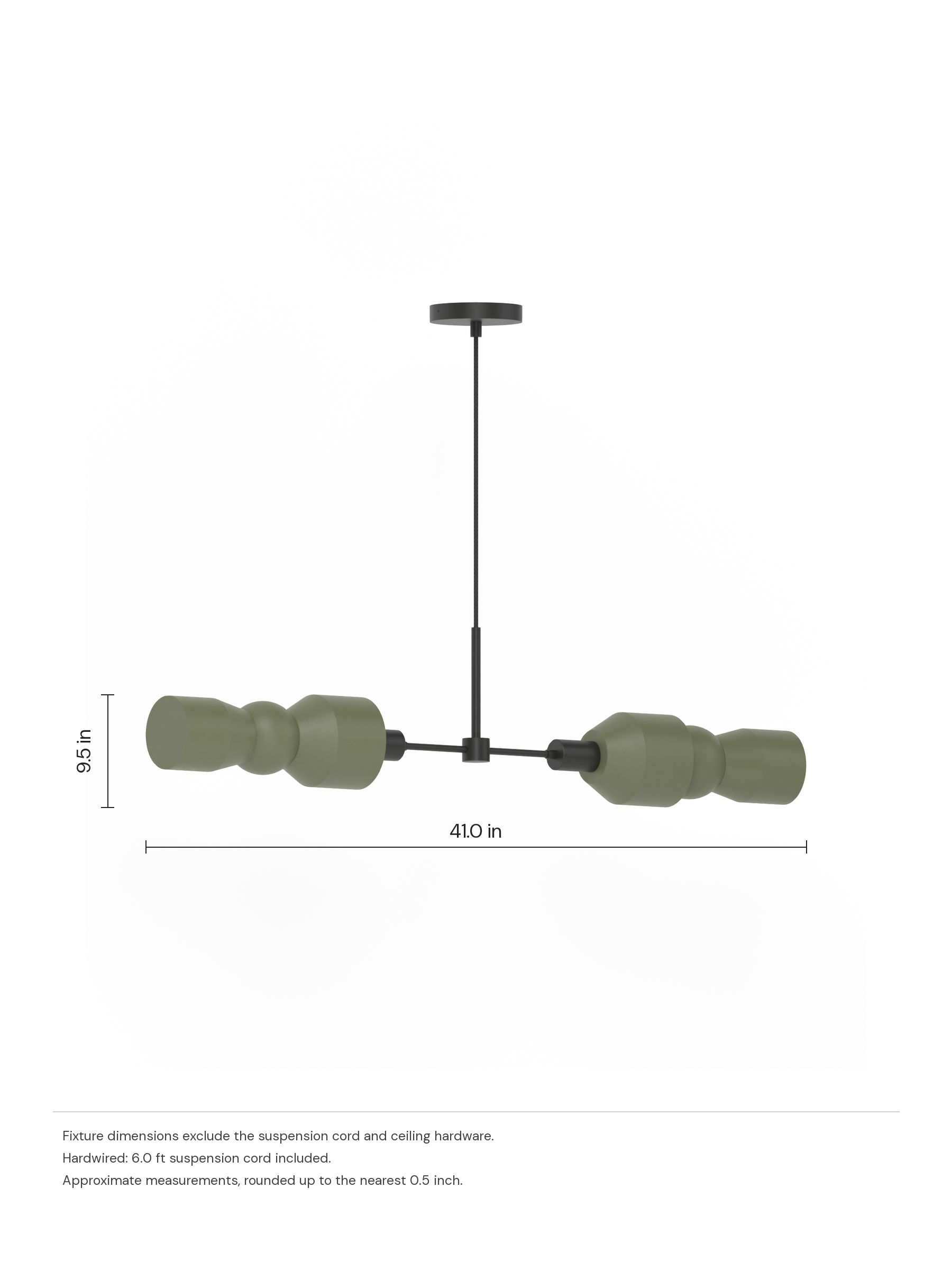 Major Eavesdropper in Dark Green with black hardware, hardwired. Dimension drawing: 9.5 in high × 41.0 in wide, excluding flexible cords.