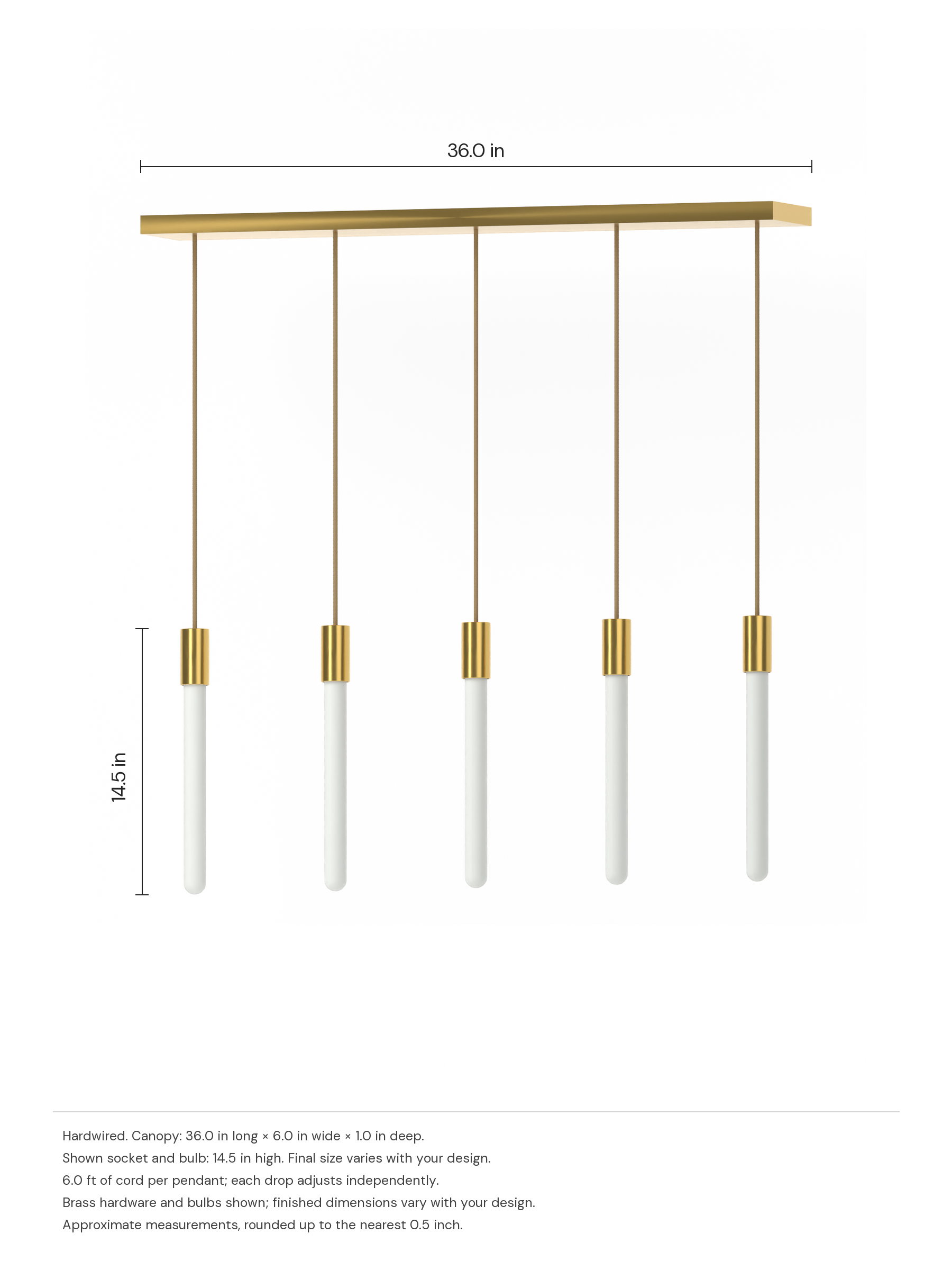 Custom Runway 5 with brass hardware and opal bulbs, before adding custom shapes, hardwired. Dimension drawing: 36.0 in canopy, 14.5 in pendant height.
