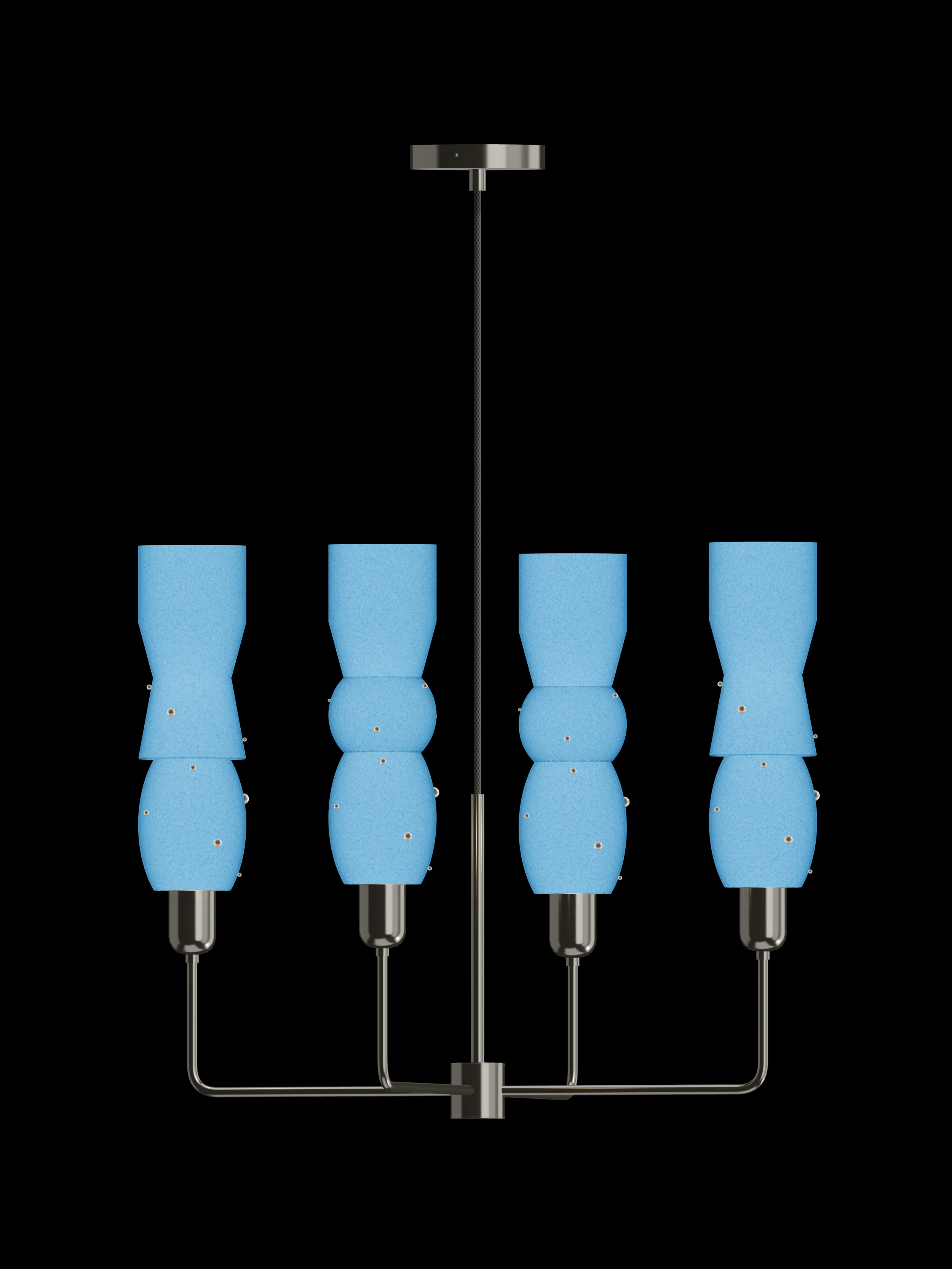 Guest Star Auburn four-arm chandelier with glowing blue shapes with pearl details and nickel hardware; hardwired version.