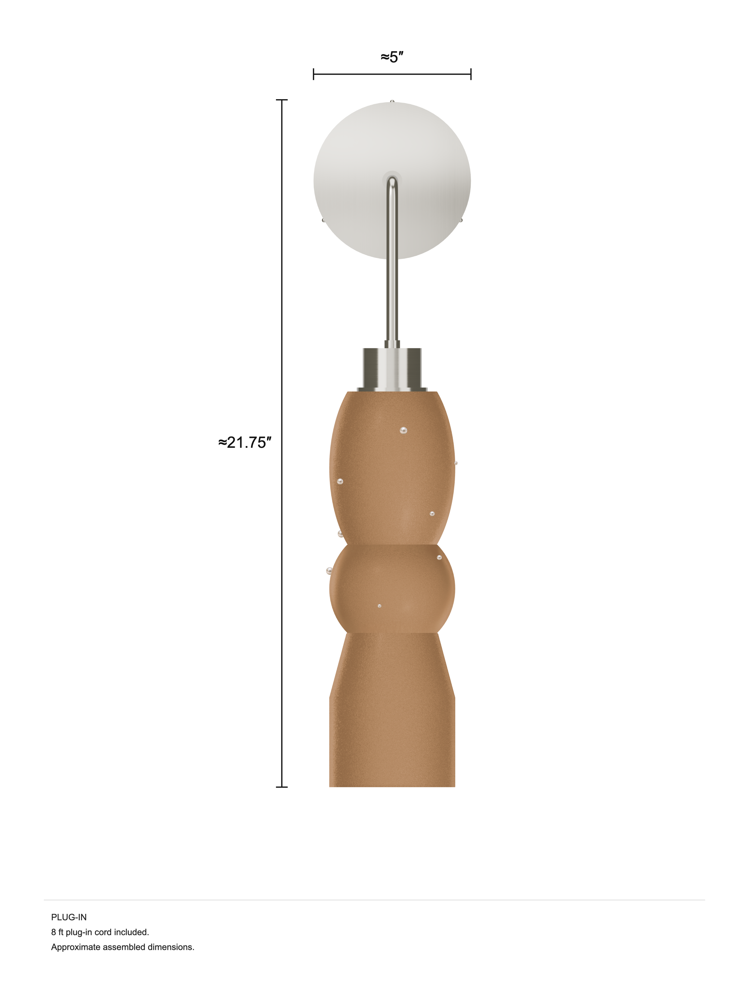 Scar Drop Out in Frosted Brown with Pearls and nickel hardware, Plug-in, dimension drawing