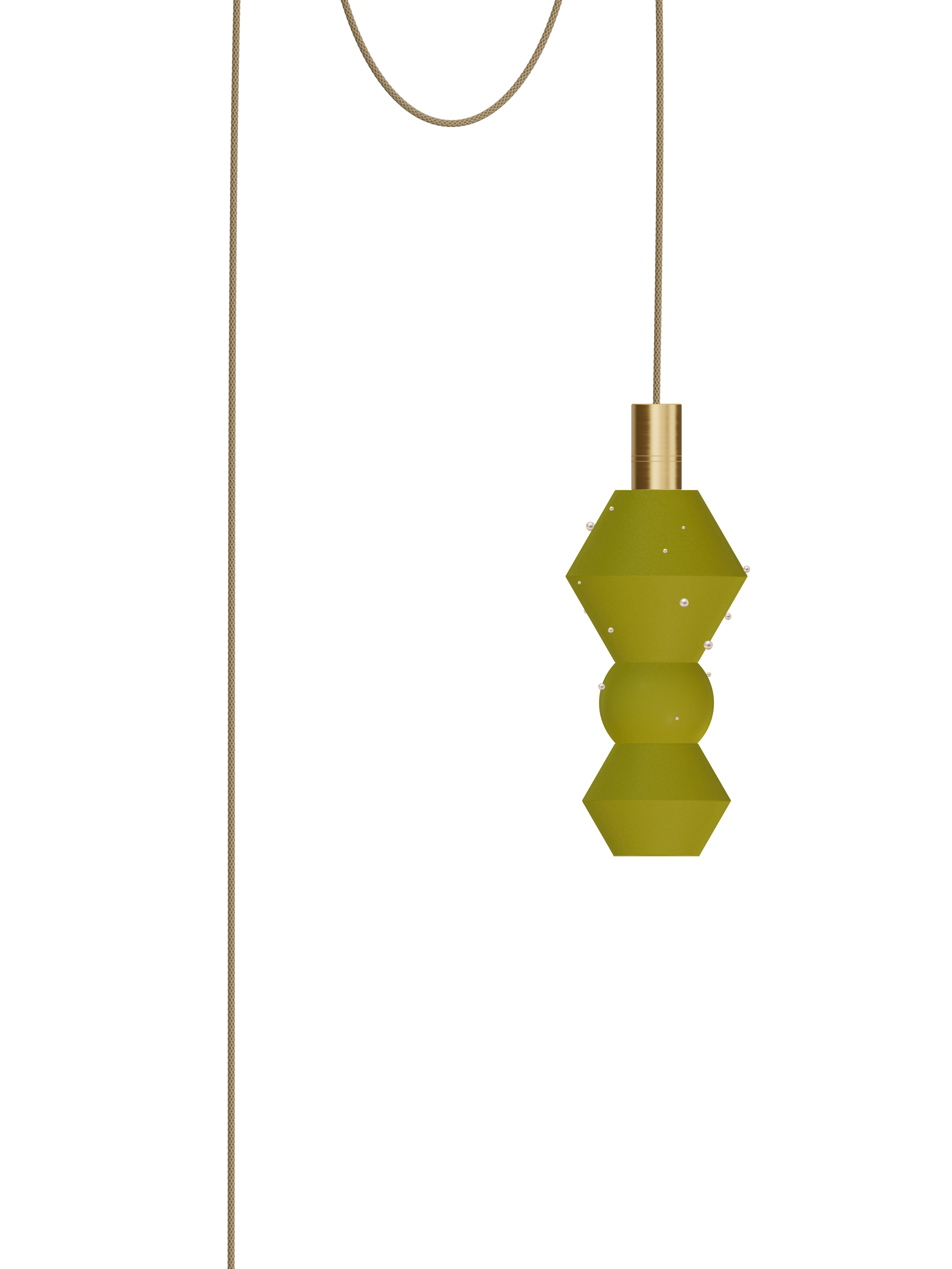 Viv Quiche single pendant with yellow-green shapes with pearl details and brass hardware; plug-in version, light off.