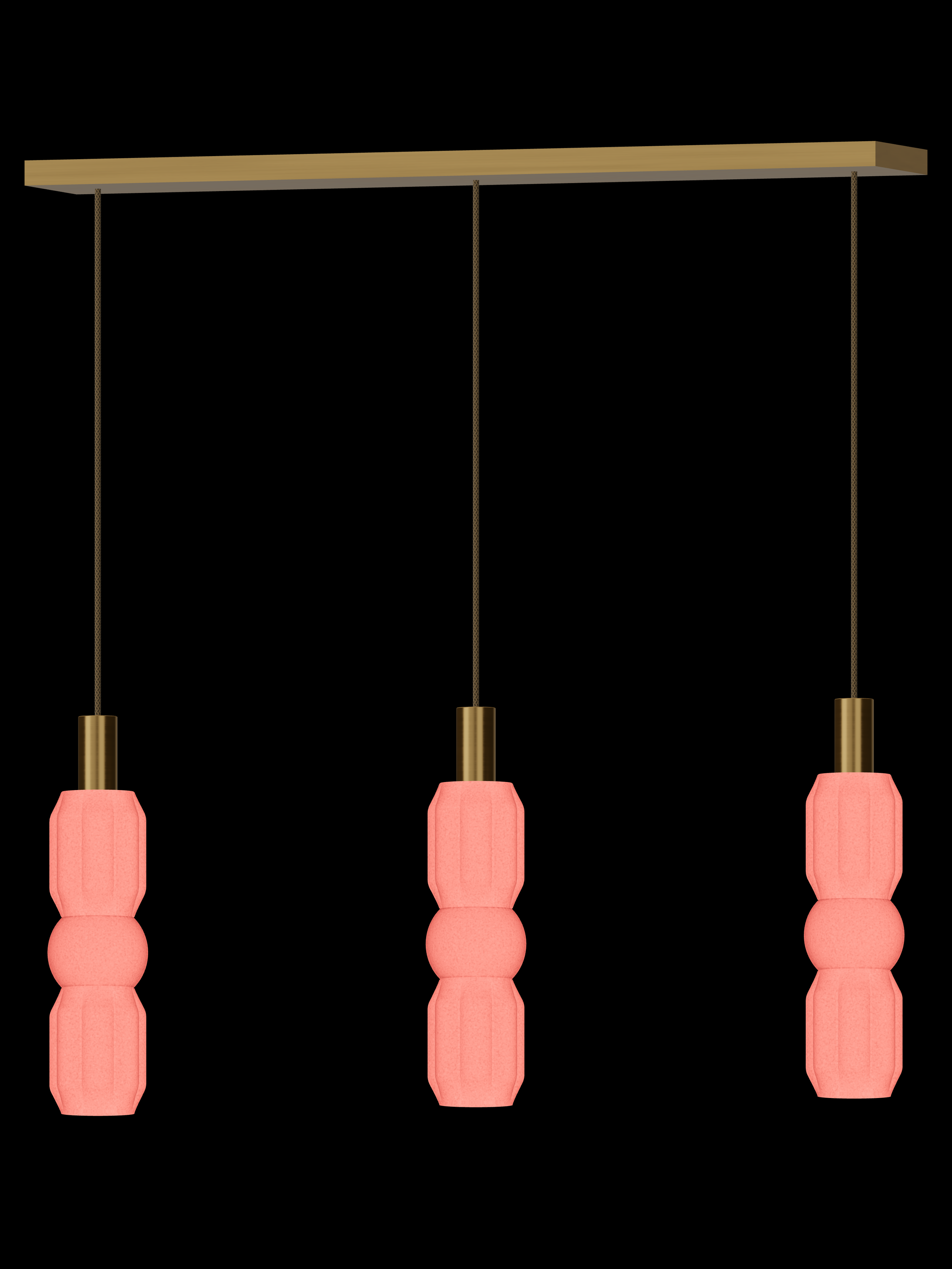 Elaine Runway 3 three-pendant light with shapes glowing coral pink and brass hardware; hardwired version.