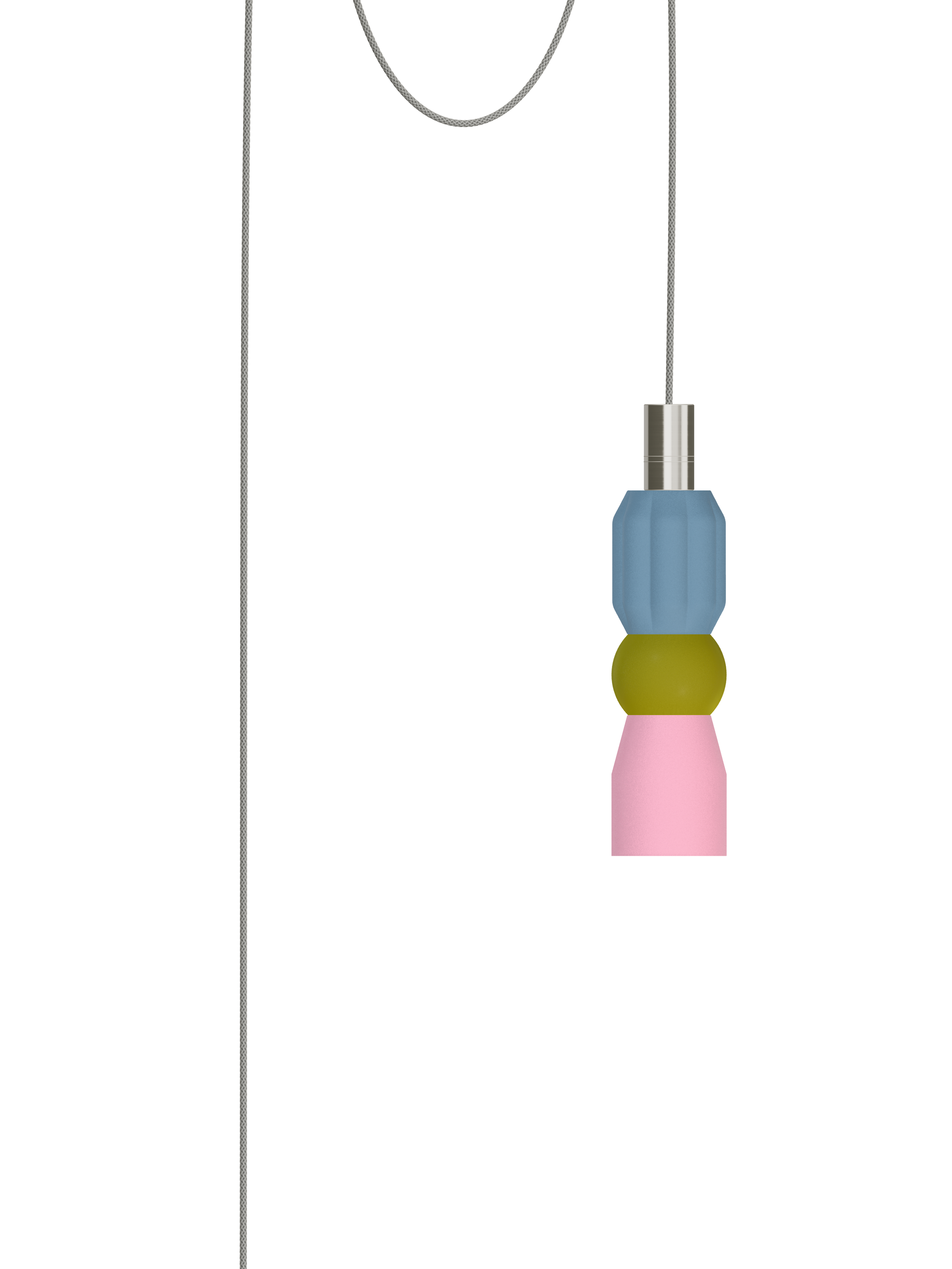 Benny Quiche single pendant with multicolor shapes and nickel hardware; plug-in version, light off.