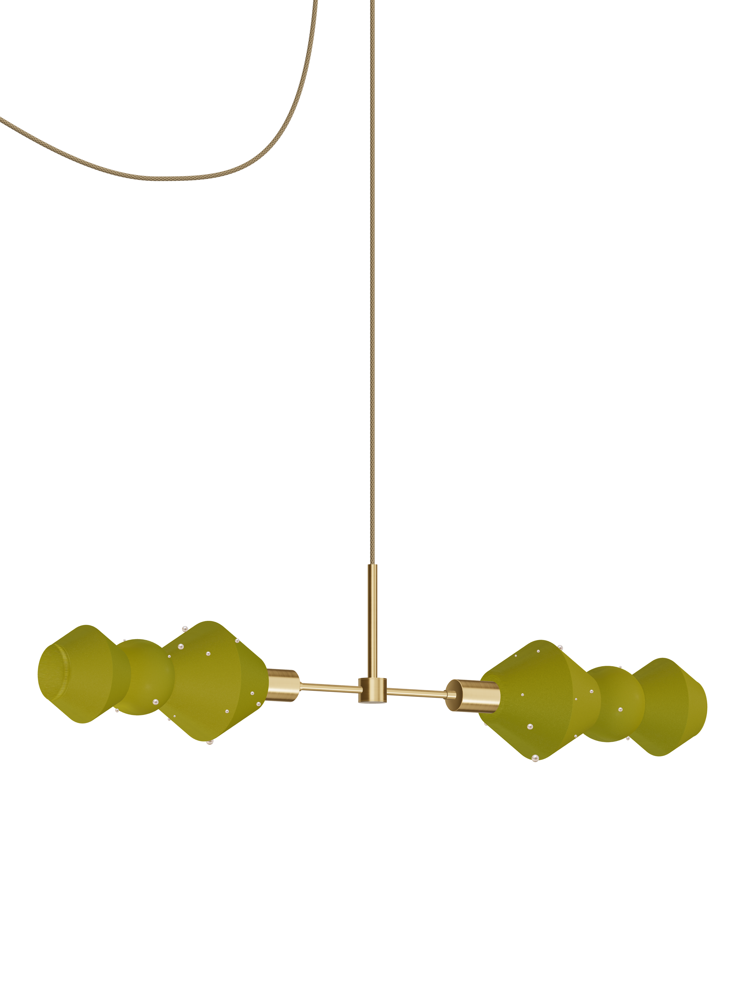 Viv Eavesdropper horizontal pendant with yellow-green shapes with pearl details and brass hardware; plug-in version, light off.