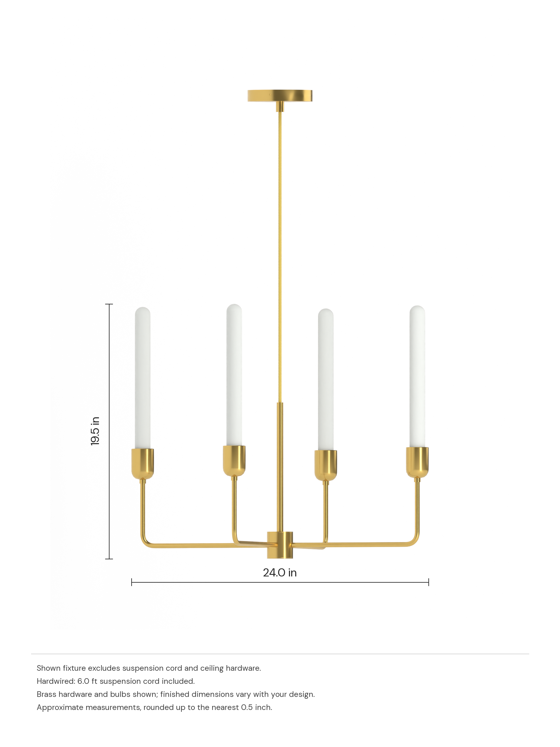 Custom Auburn with brass hardware and opal bulbs, before adding custom shapes, hardwired. Dimension drawing: 19.5 in high × 24.0 in wide, excluding flexible cords.