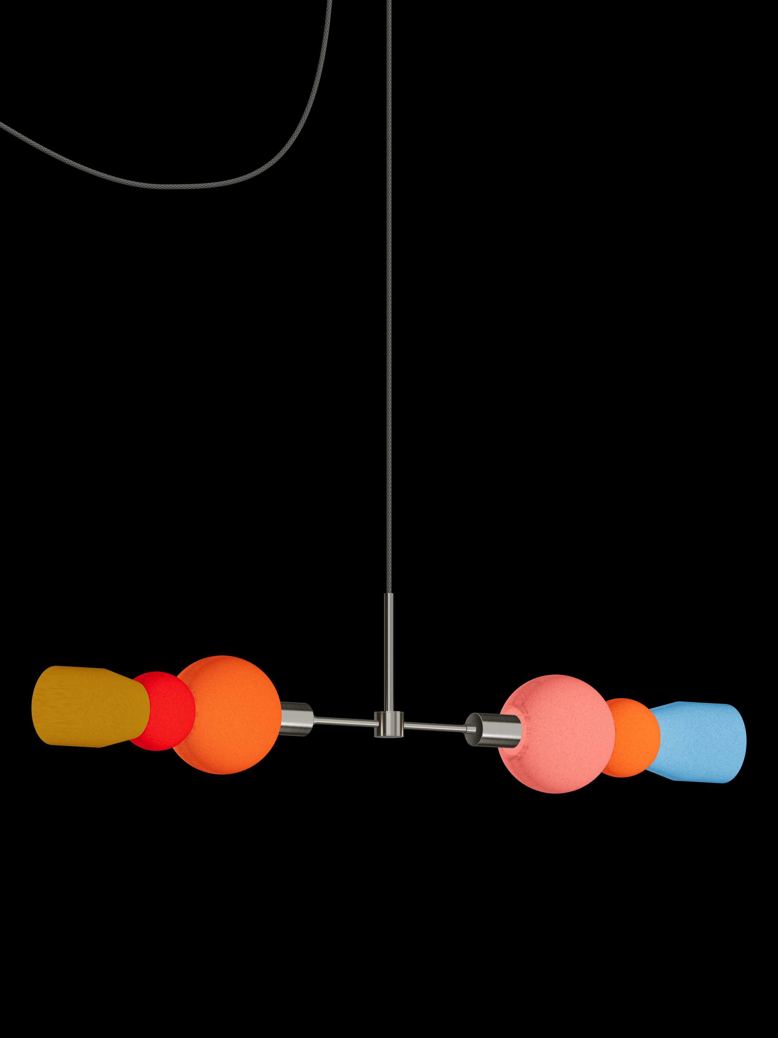 Benny Eavesdropper horizontal pendant with illuminated multicolor shapes and nickel hardware; plug-in version.