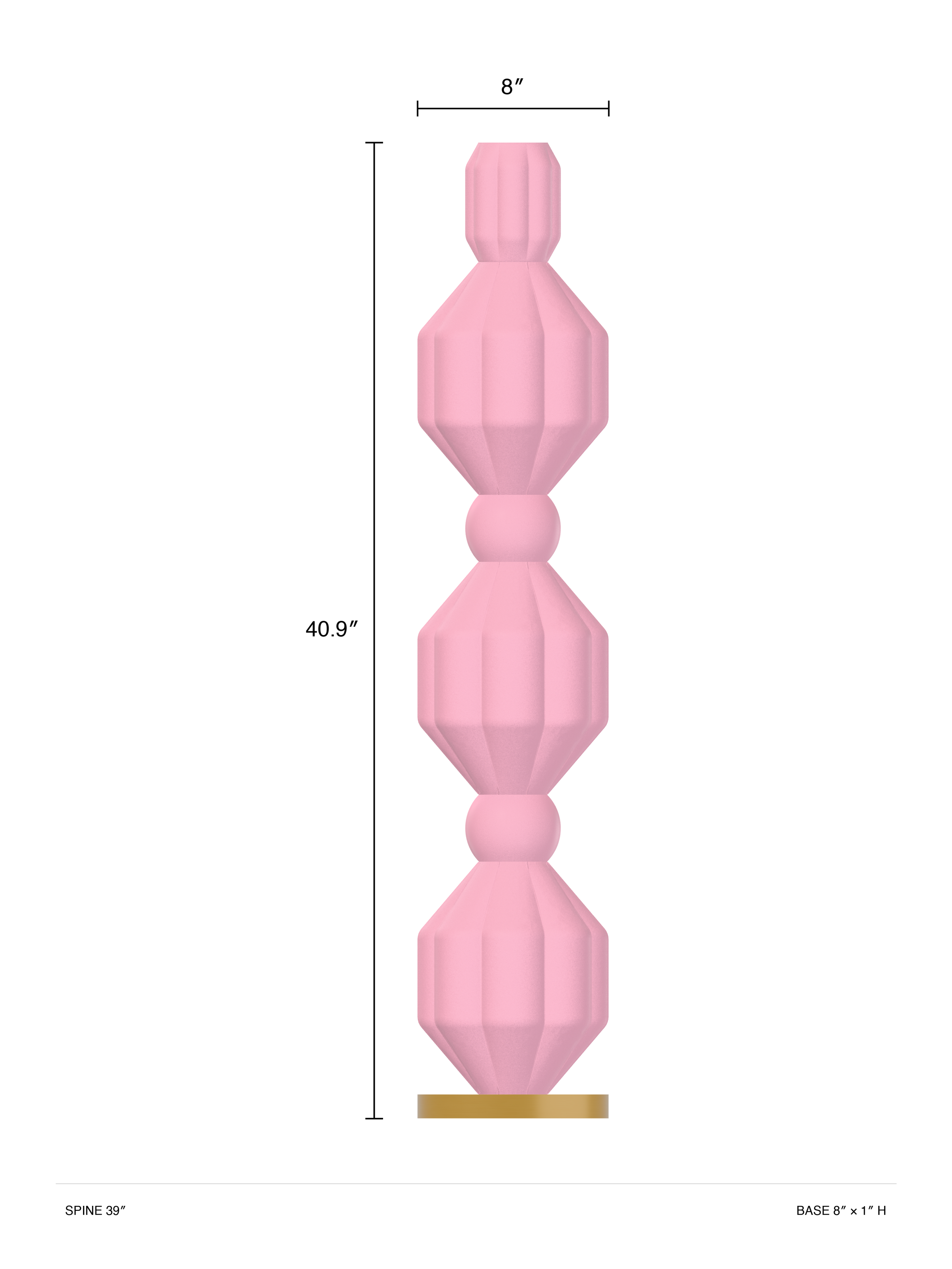 Dimension drawing of the Elaine pink Totem lamp on a brass base