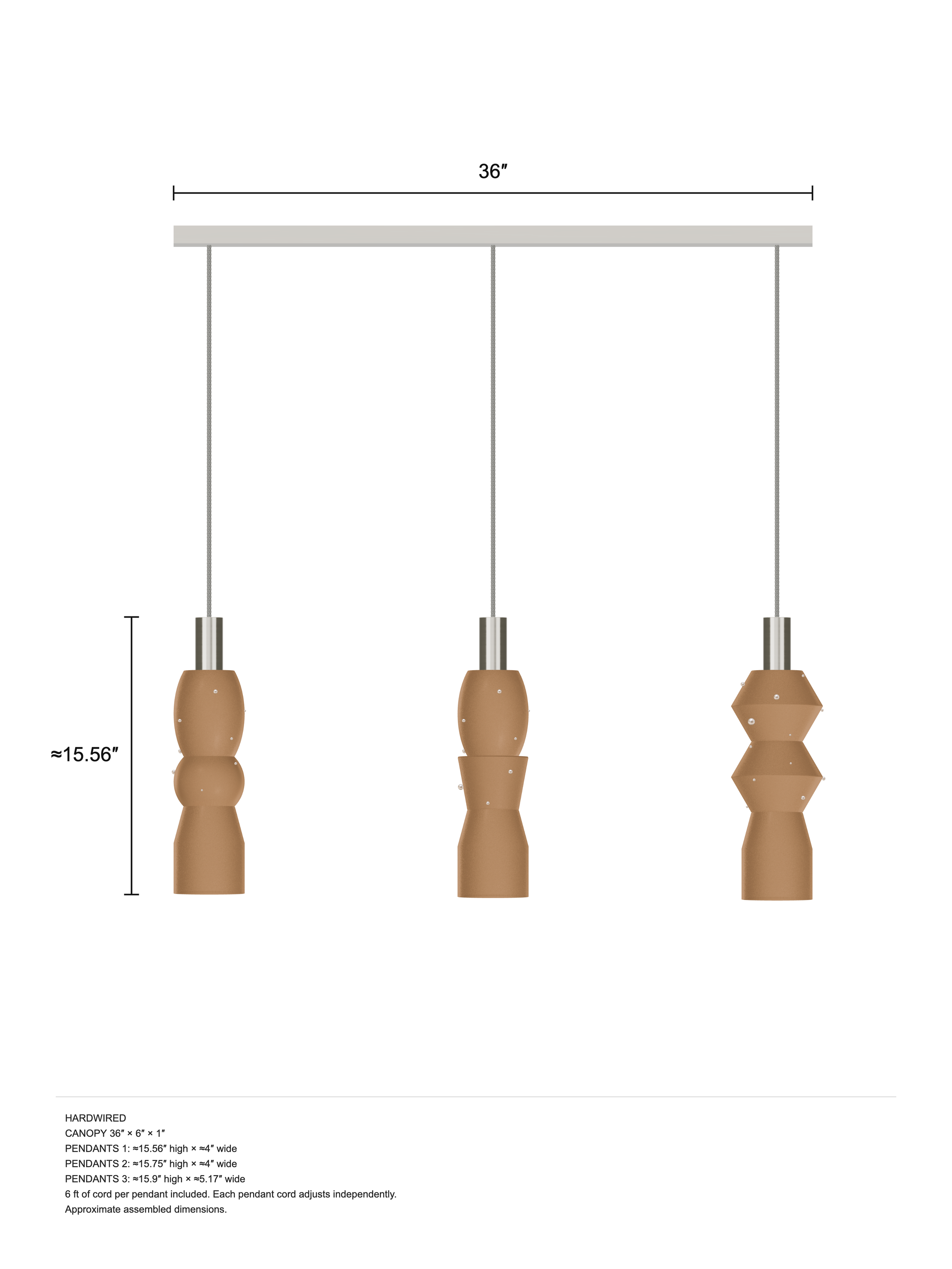 Scar Runway 3 in Frosted Brown with Pearls and nickel hardware, Hardwired, dimension drawing