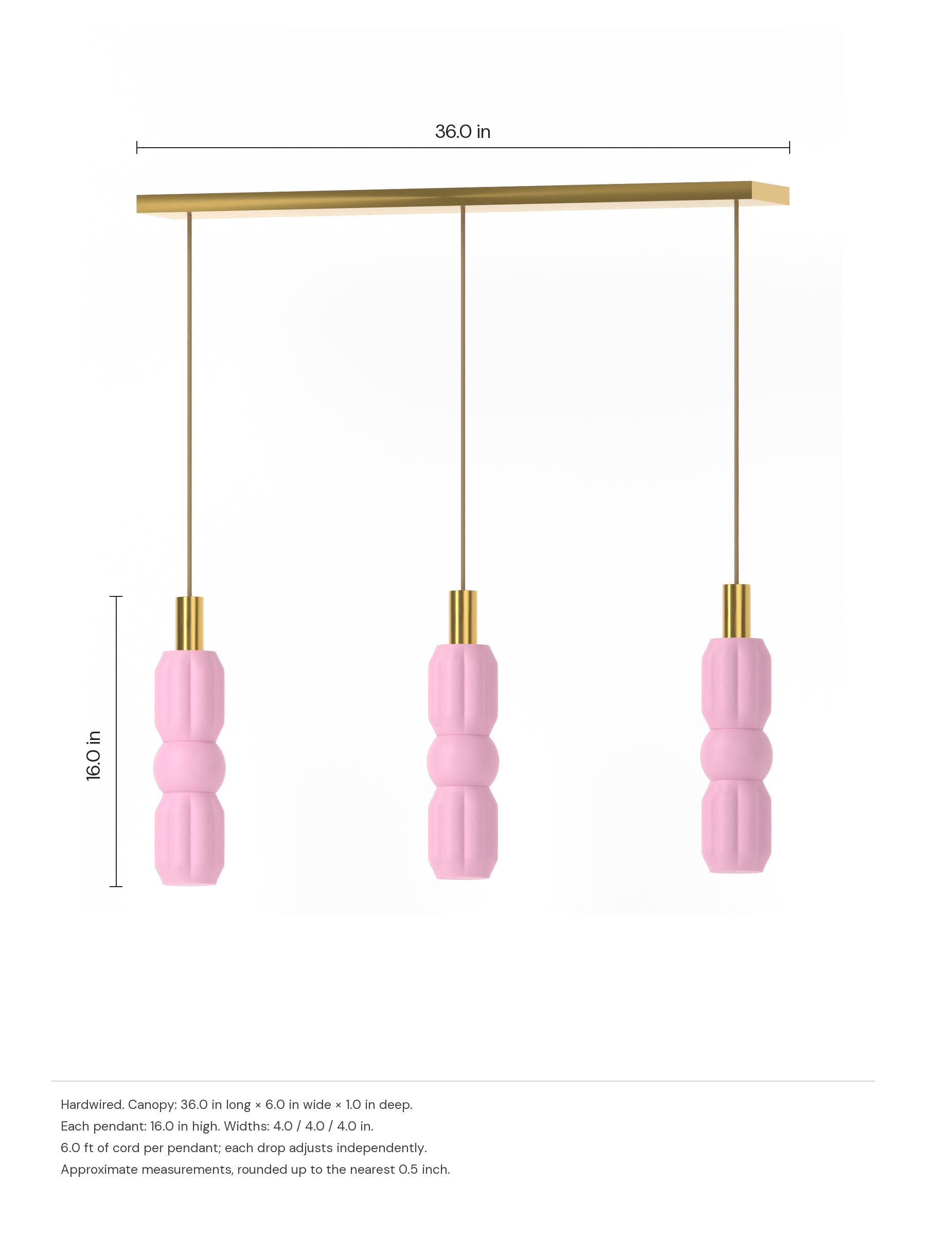 Elaine Runway 3 in Sakura Pink with brass hardware, hardwired. Dimension drawing: 36.0 in canopy, 16.0 in pendant height.