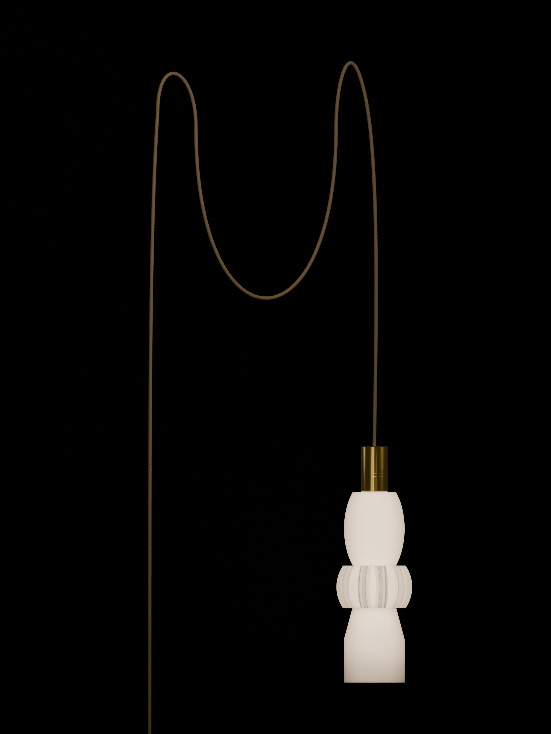 Cord Quiche pendant in Linen with brass hardware, plug-in, light on.
