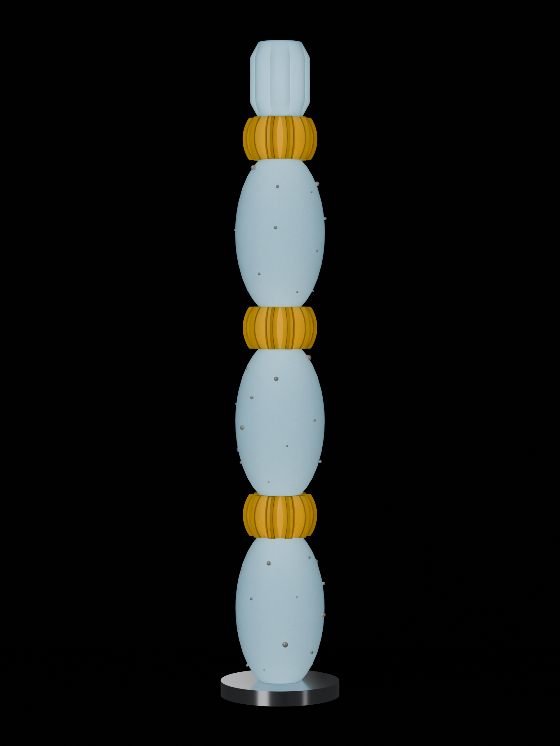 Mika Totem in Ice Blue and Monk with Pearl details and a nickel disc base, plug-in, light on.