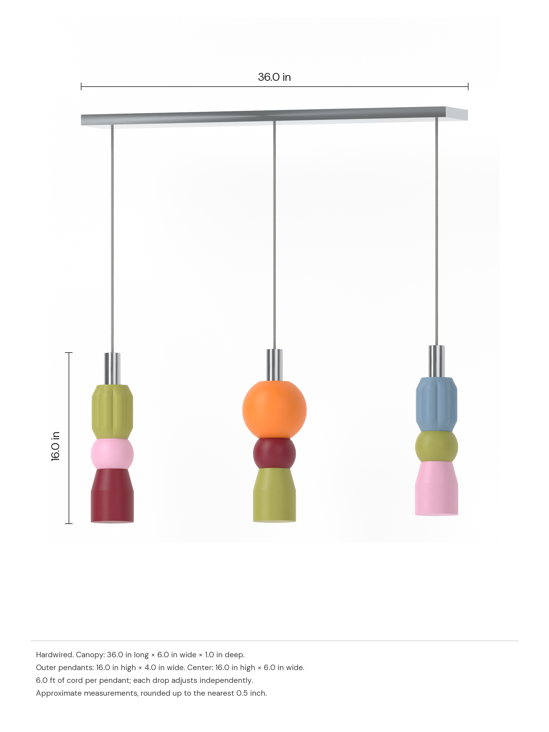 Benny Runway 3 with multicolored shapes and nickel hardware. Dimension drawing: 36.0 in canopy, 16.0 in pendant height.