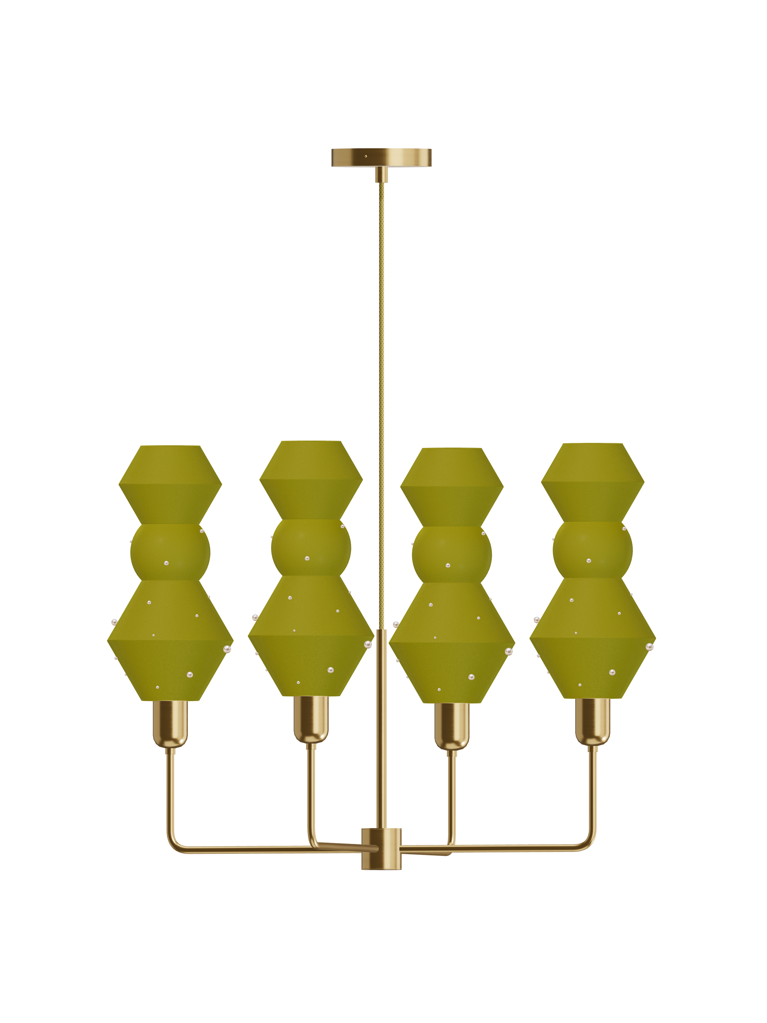 Viv Auburn four-arm chandelier with yellow-green shapes with pearl details and brass hardware; hardwired version, light off.