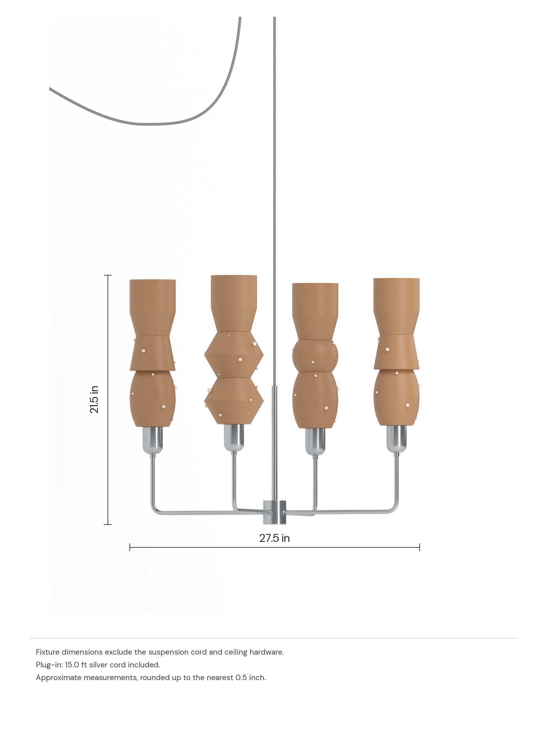 Scar Auburn with Frosted Brown pearl-detailed shapes and nickel hardware and a matching silver cord, plug-in. Approximate dimensions: 21.5 in high and 27.5 in wide, rounded up to the nearest half inch
