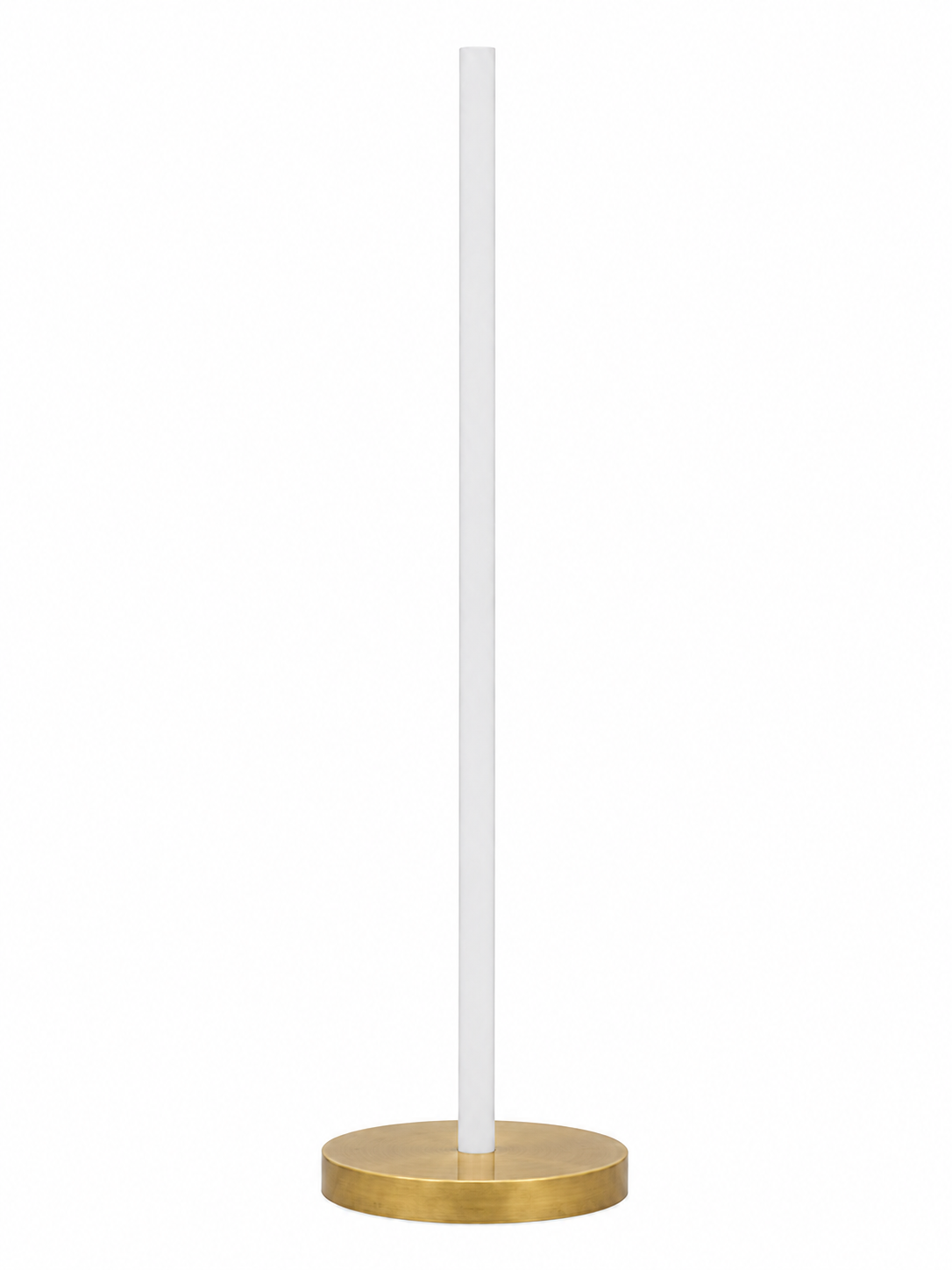 Eldon Trace Column lamp in brass, a warm white lit column on a round brass disc base.