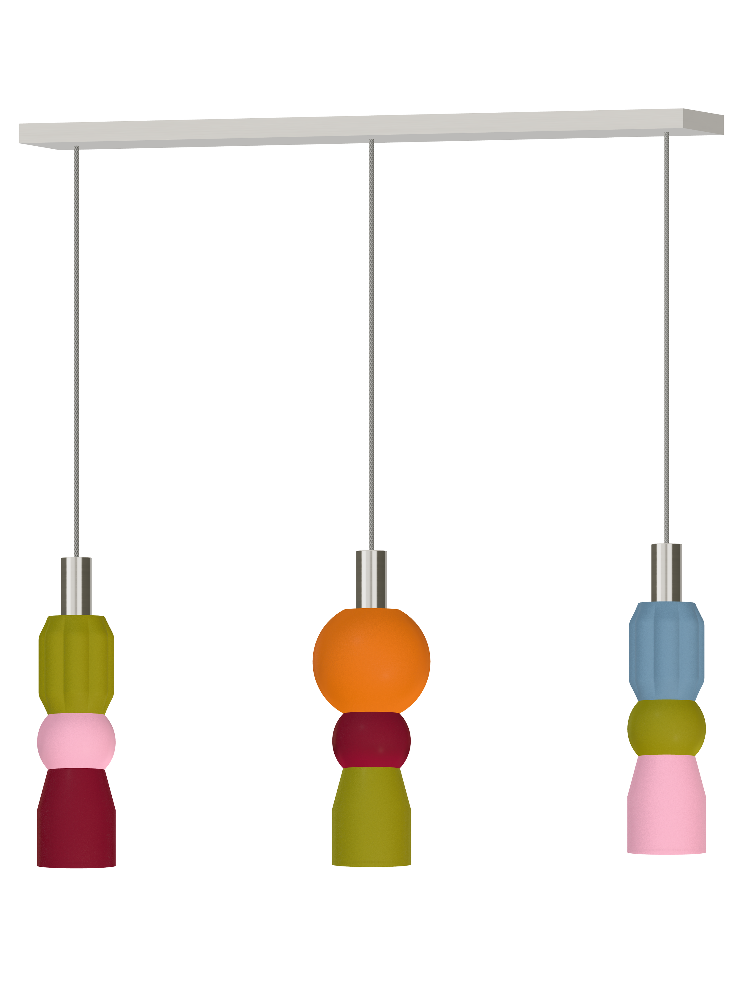 Benny Runway 3 three-pendant light with multicolor shapes and nickel hardware; hardwired version, light off.