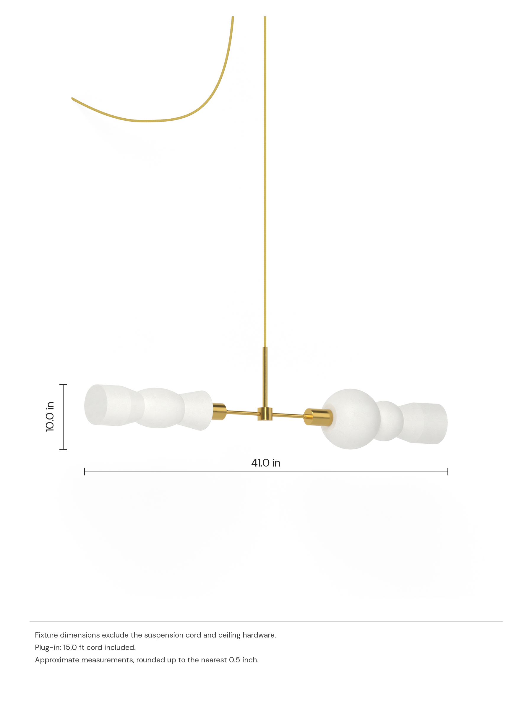 Cord Eavesdropper in Linen with brass hardware, plug-in. Dimension drawing: 10.0 in high × 41.0 in wide, excluding flexible cords.