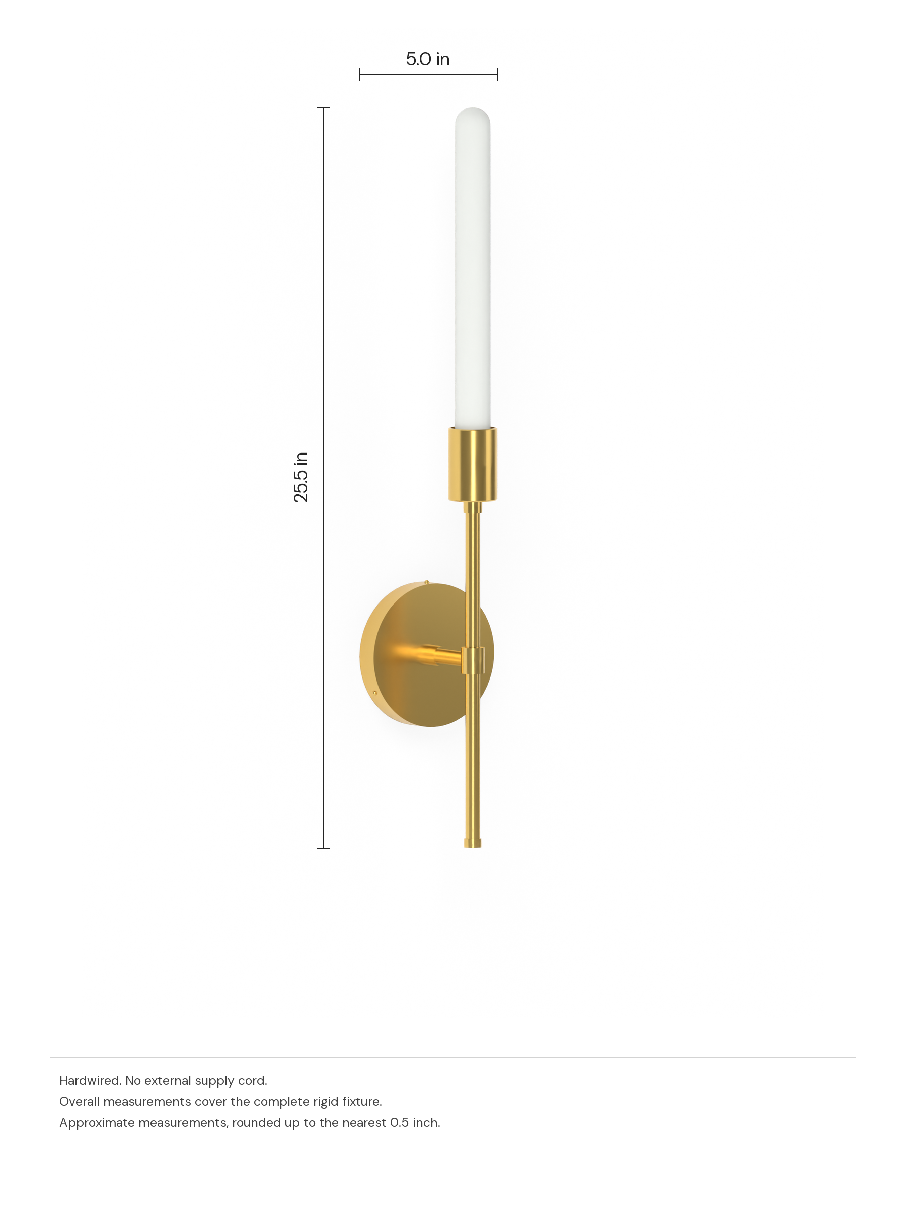 Custom Wallflower with brass hardware, hardwired. Dimension drawing: 25.5 in high × 5.0 in wide.