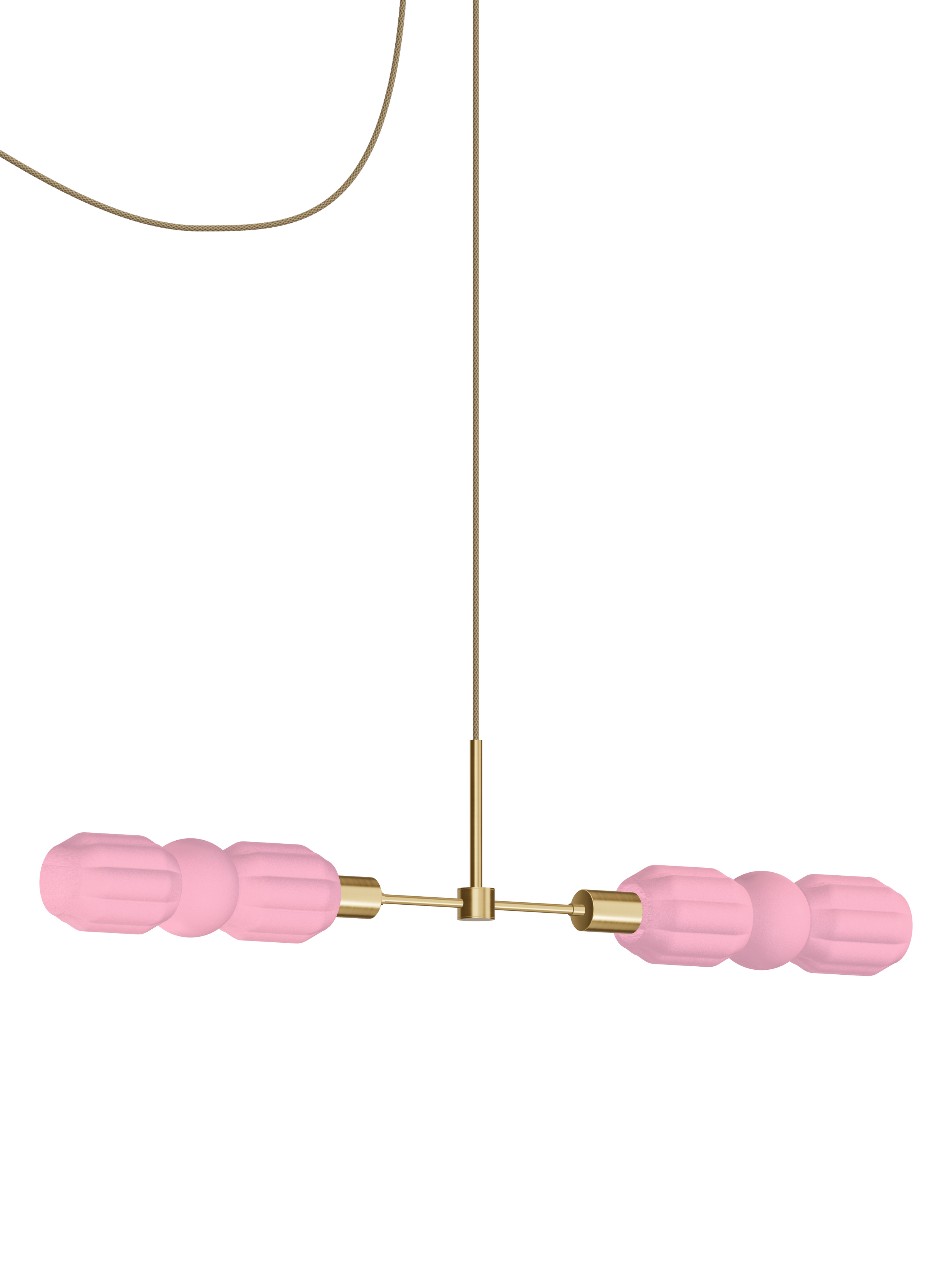 Elaine Eavesdropper horizontal pendant with pink shapes and brass hardware; plug-in version, light off.