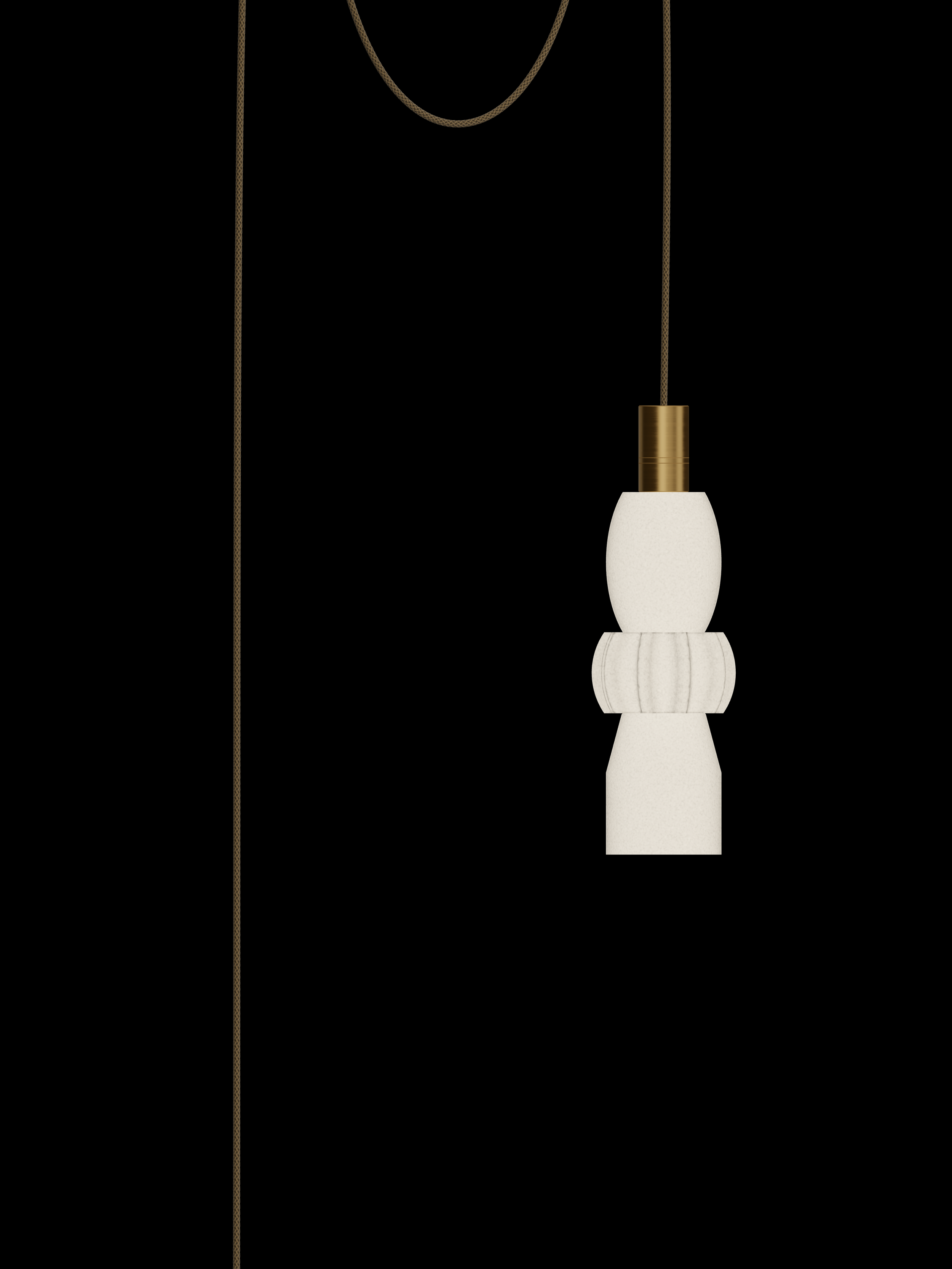 Cord Quiche single pendant with shapes glowing warm white and brass hardware; plug-in version.