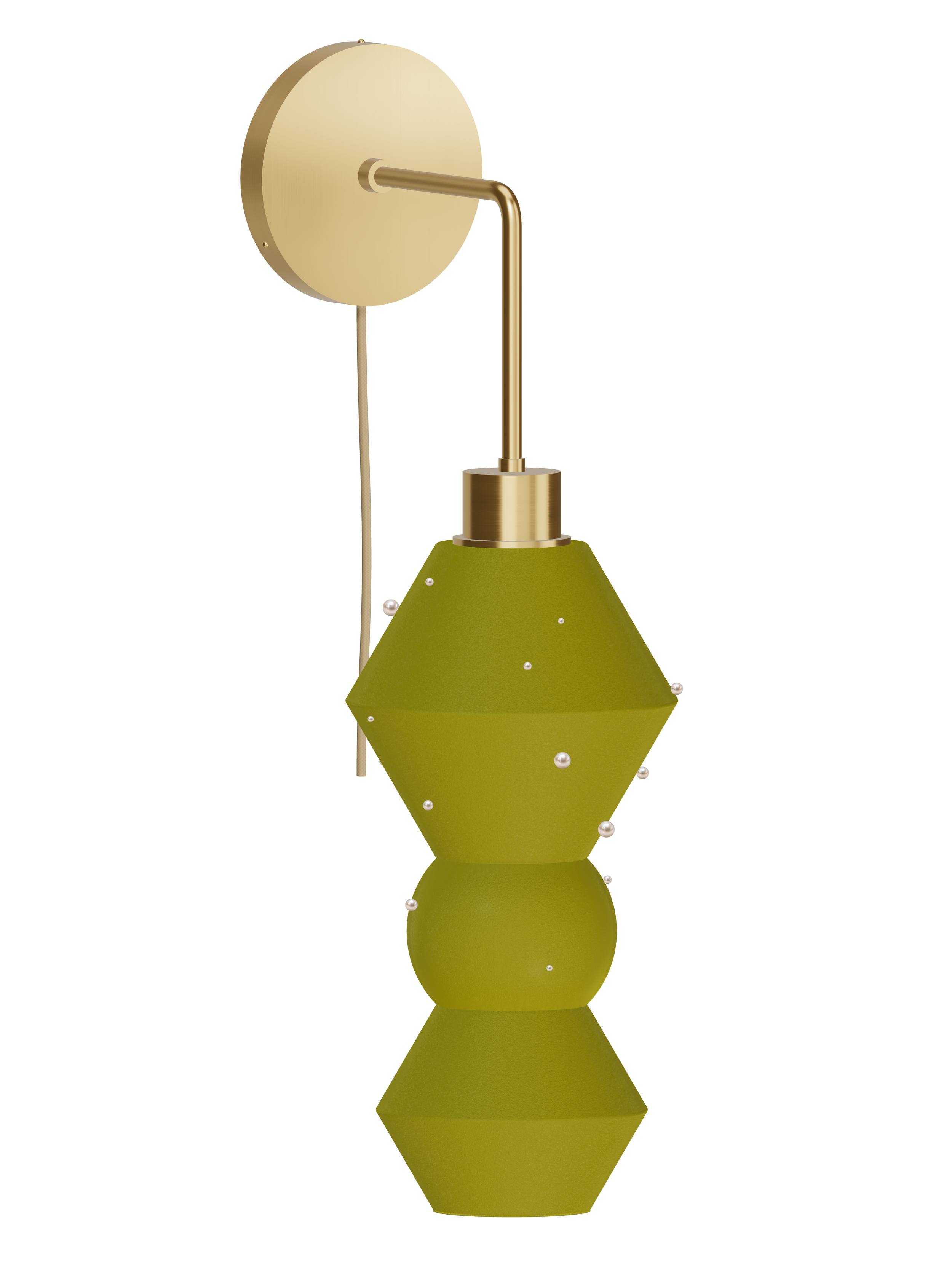 Viv Drop Out wall sconce with a hanging stack with yellow-green shapes with pearl details and brass hardware; plug-in version, light off.