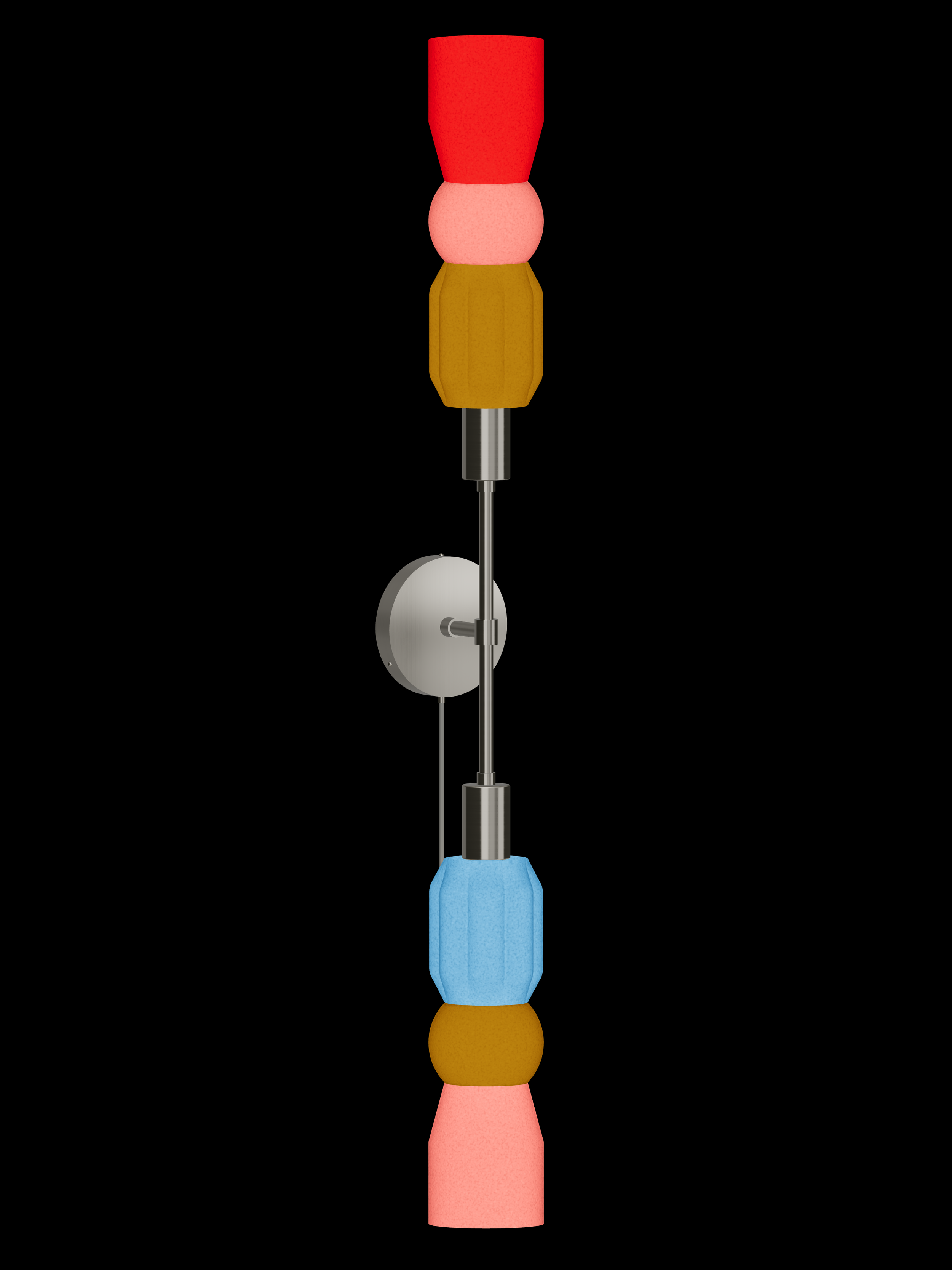 Benny Plus One double-ended wall sconce with illuminated multicolor shapes and nickel hardware; plug-in version.