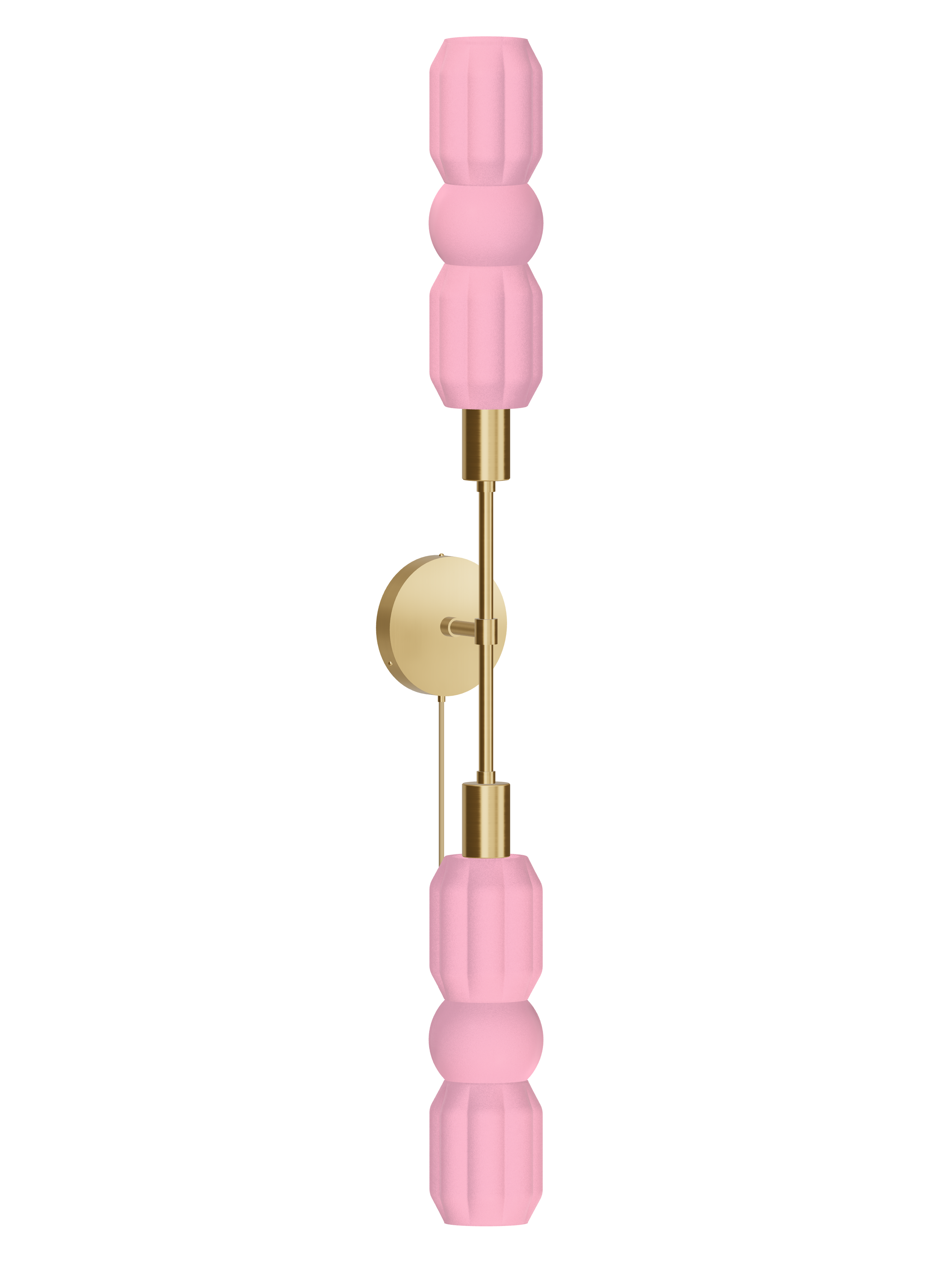 Elaine Plus One double-ended wall sconce with pink shapes and brass hardware; plug-in version, light off.