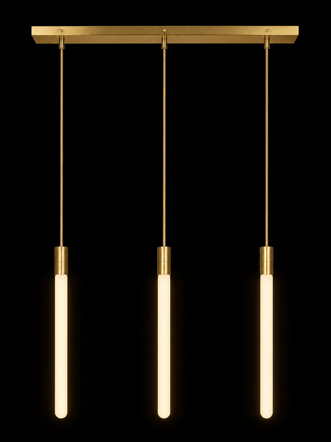 Eldon Trace linear chandelier in brass, three warm white lit columns hanging from a slim brass ceiling bar.