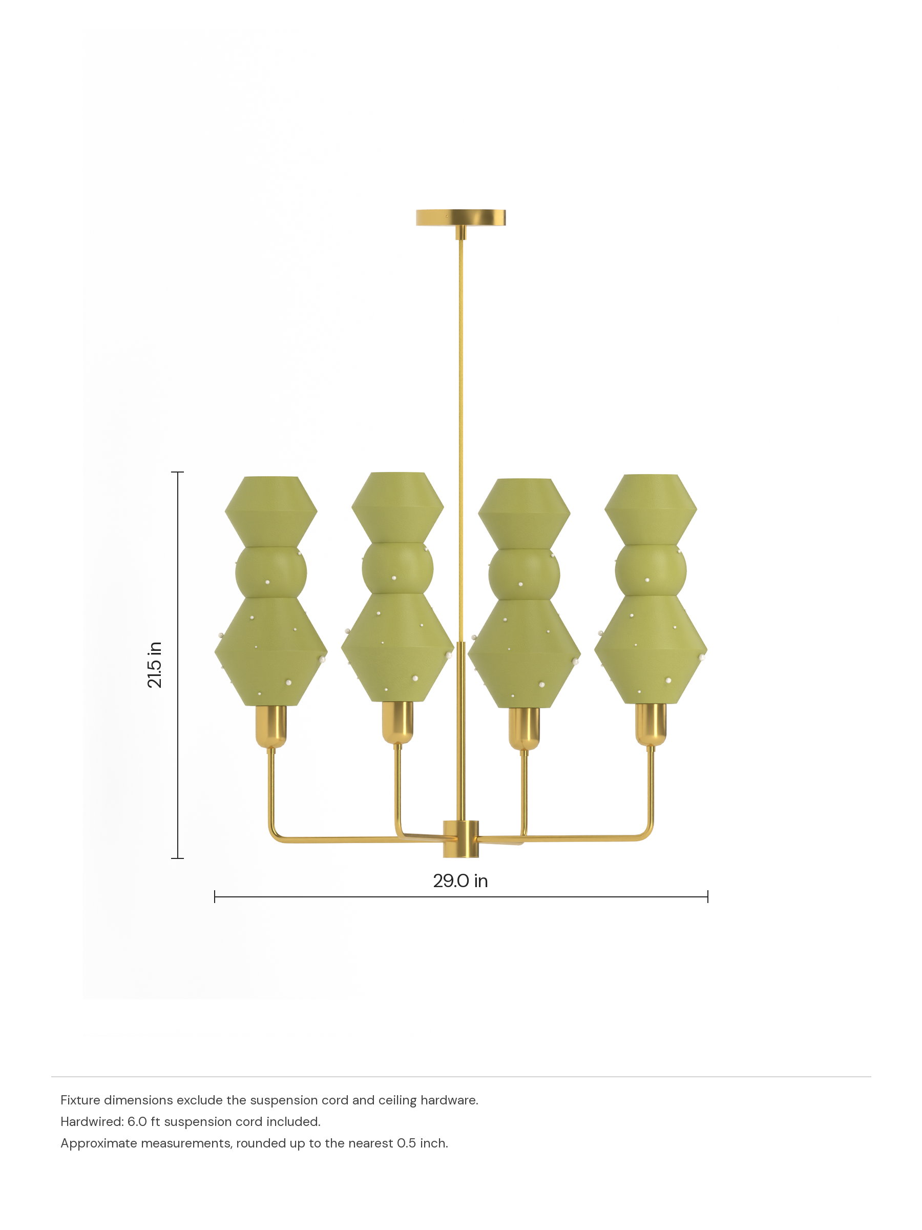 Viv Auburn in French Monk with Pearl details with brass hardware, hardwired. Dimension drawing: 21.5 in high × 29.0 in wide, excluding flexible cords.