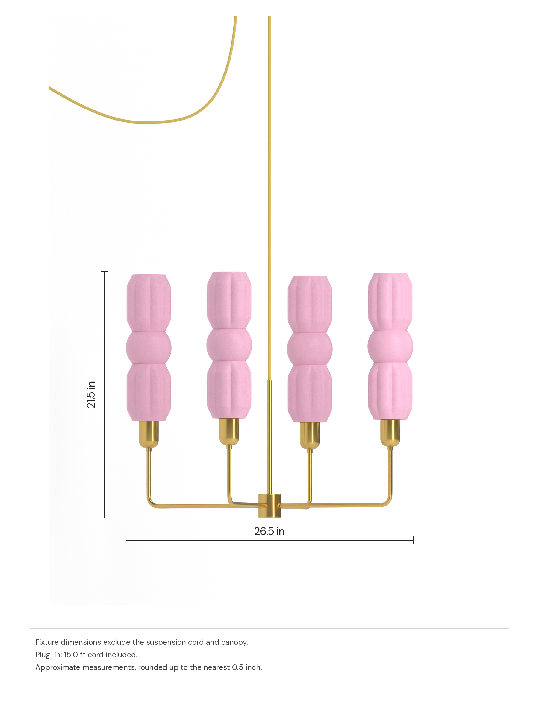 Elaine Auburn in Sakura Pink with brass hardware, plug-in. Dimension drawing: 21.5 in high × 26.5 in wide, excluding flexible cords.