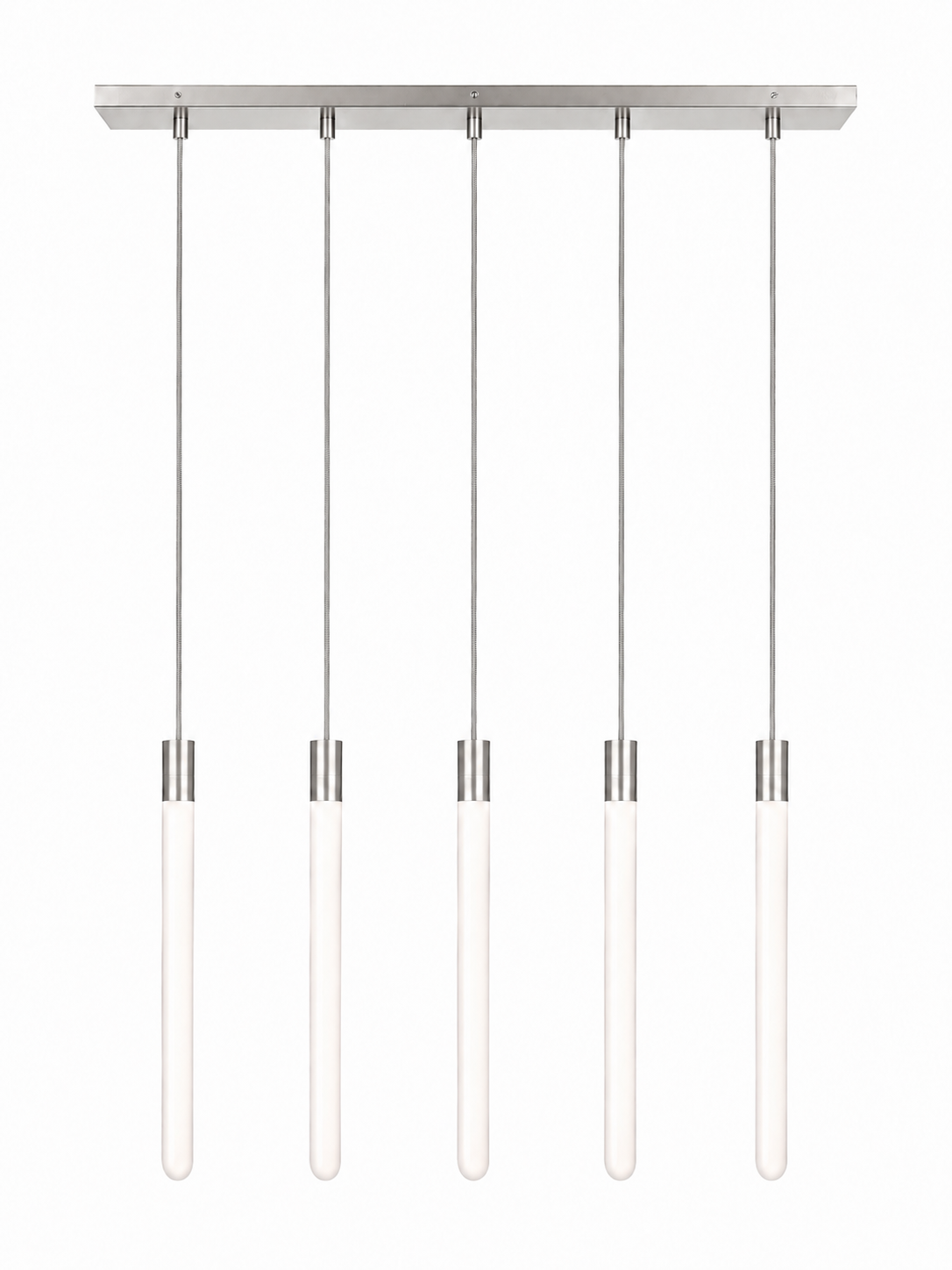 Eldon Trace linear chandelier in nickel, three warm white lit columns hanging from a slim nickel ceiling bar.