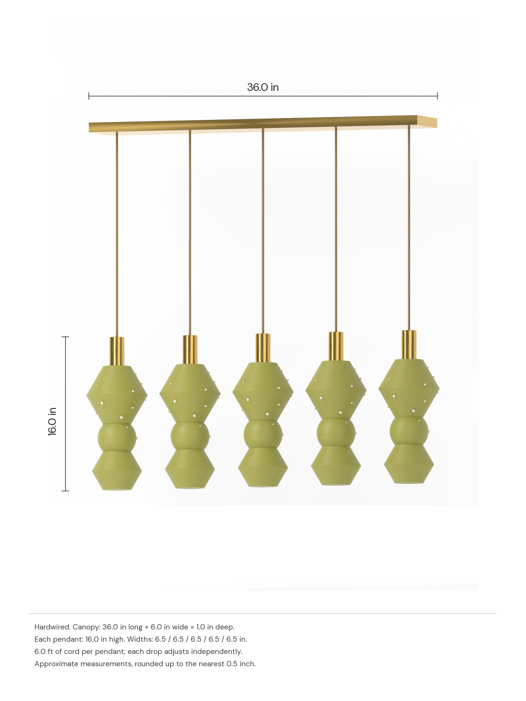 Viv Runway 5 in French Monk with Pearl details with brass hardware, hardwired. Dimension drawing: 36.0 in canopy, 16.0 in pendant height.
