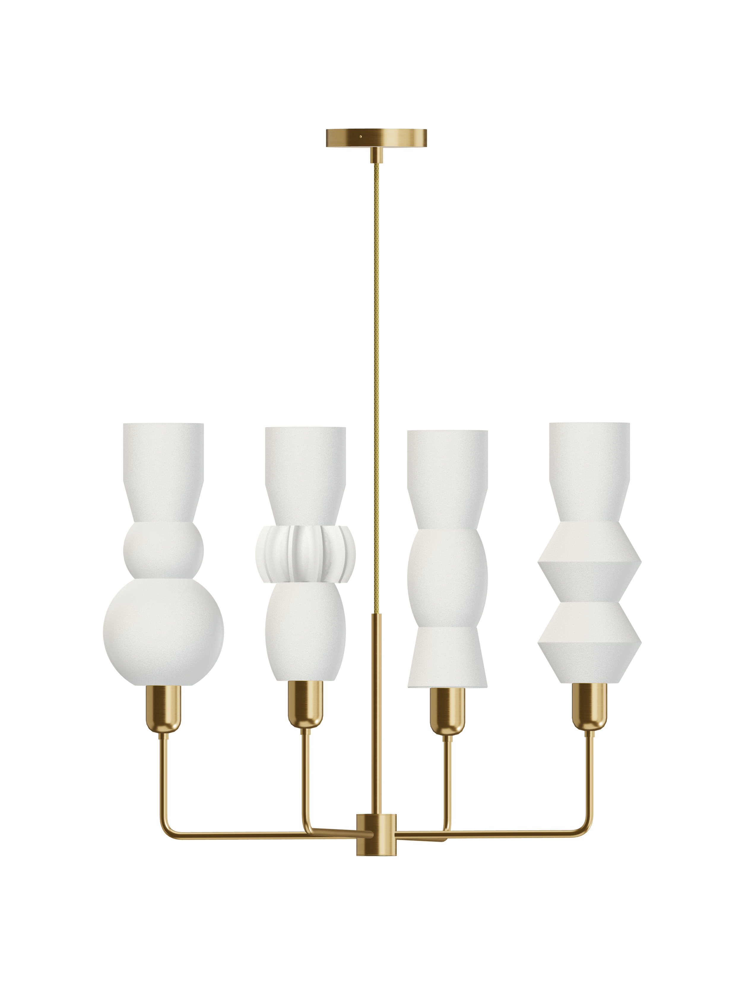 Cord Auburn four-arm chandelier with off-white shapes and brass hardware; hardwired version, light off.