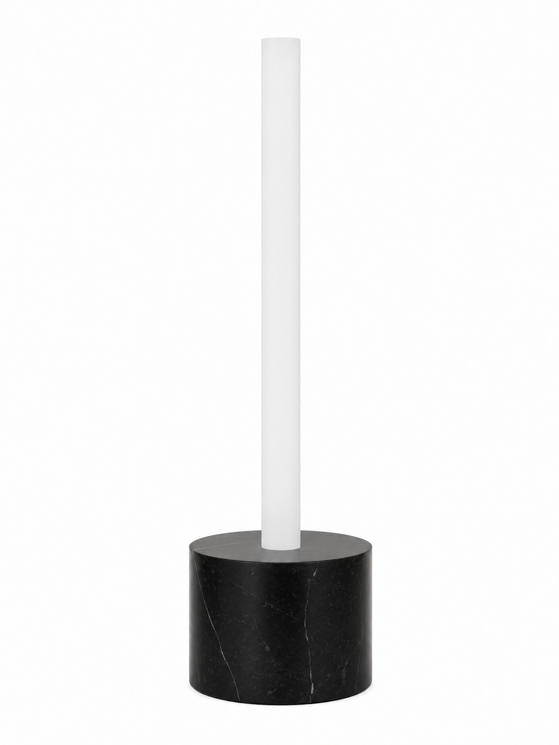 Eldon Trace Column lamp in black marble, a warm white lit column on a 5 inch black marble drum base