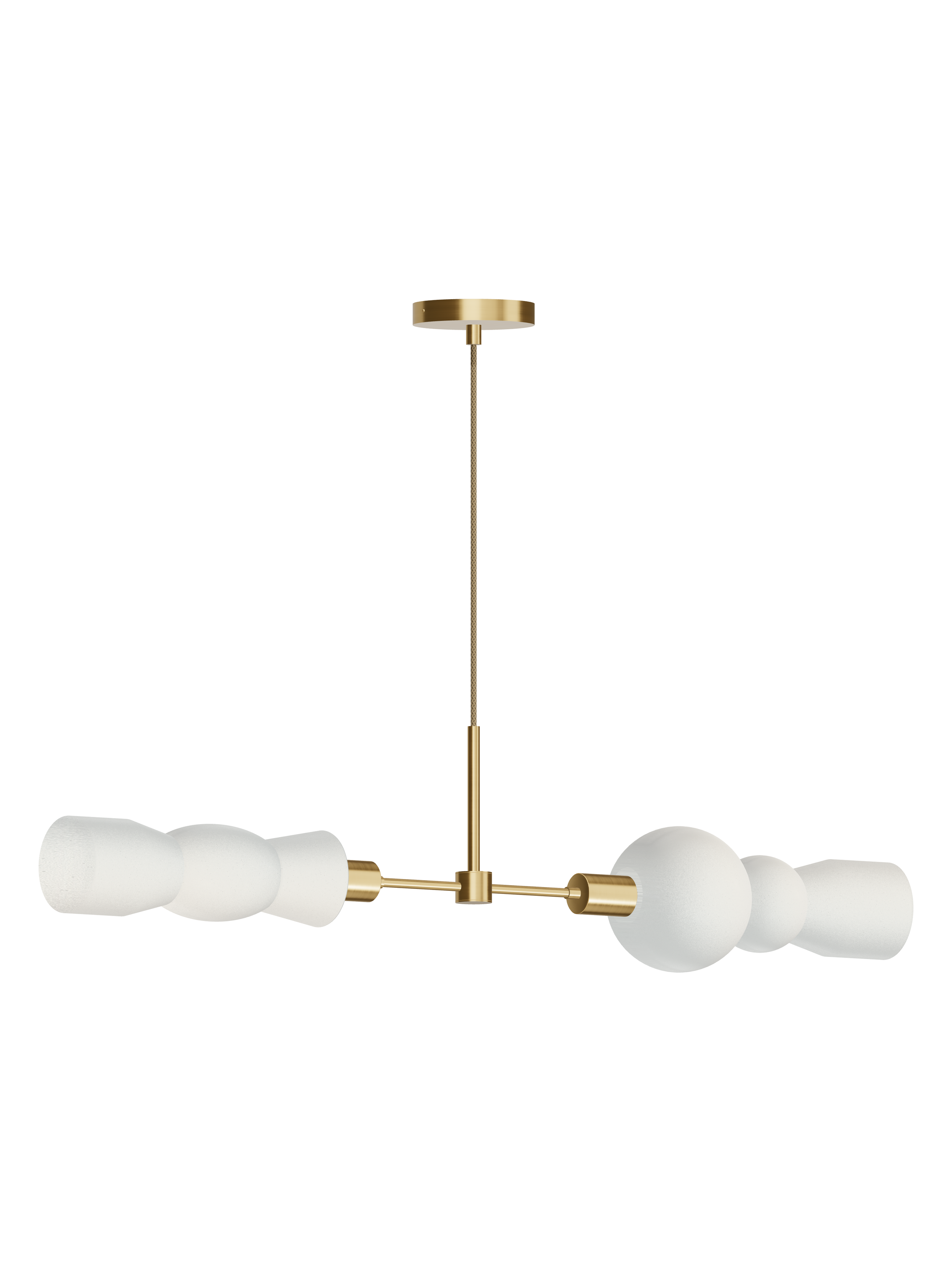 Cord Eavesdropper horizontal pendant with off-white shapes and brass hardware; hardwired version, light off.