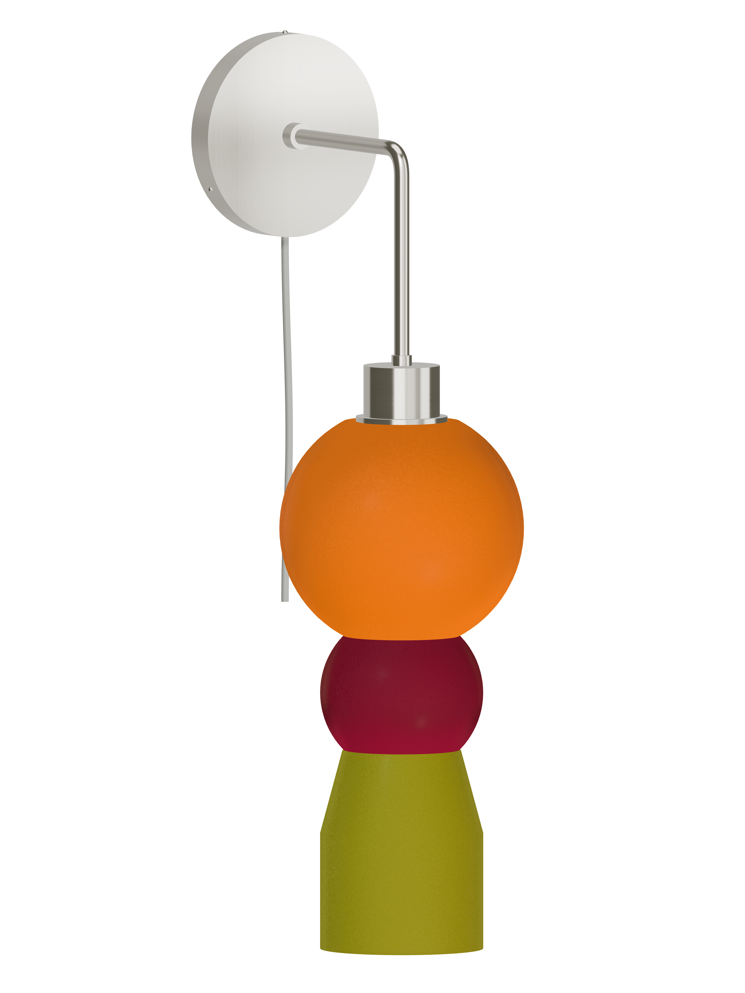 Benny Drop Out wall sconce with a hanging stack with multicolor shapes and nickel hardware; plug-in version, light off.