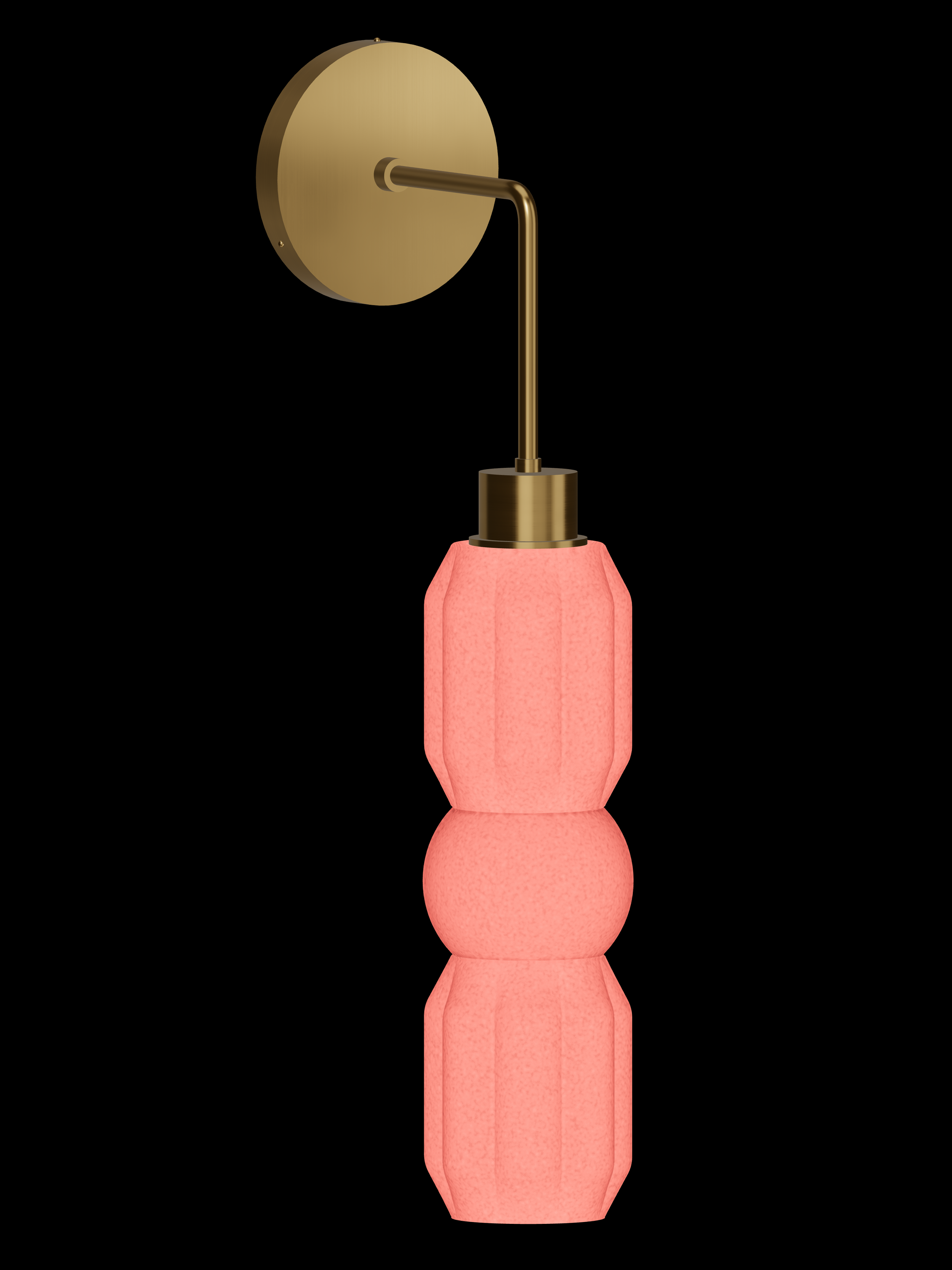 Elaine Drop Out wall sconce with a hanging stack with shapes glowing coral pink and brass hardware; hardwired version.