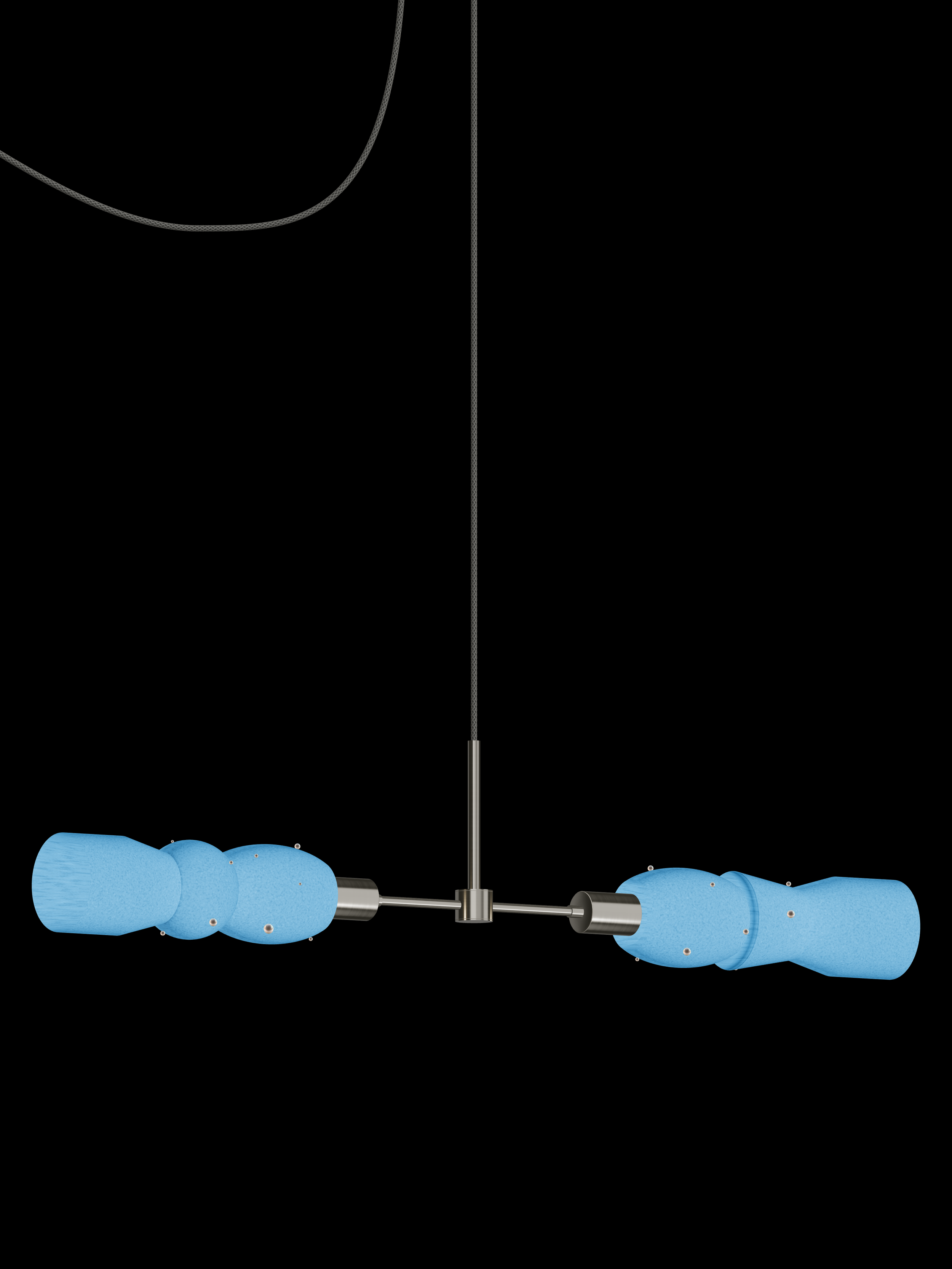 Guest Star Eavesdropper horizontal pendant with glowing blue shapes with pearl details and nickel hardware; plug-in version.
