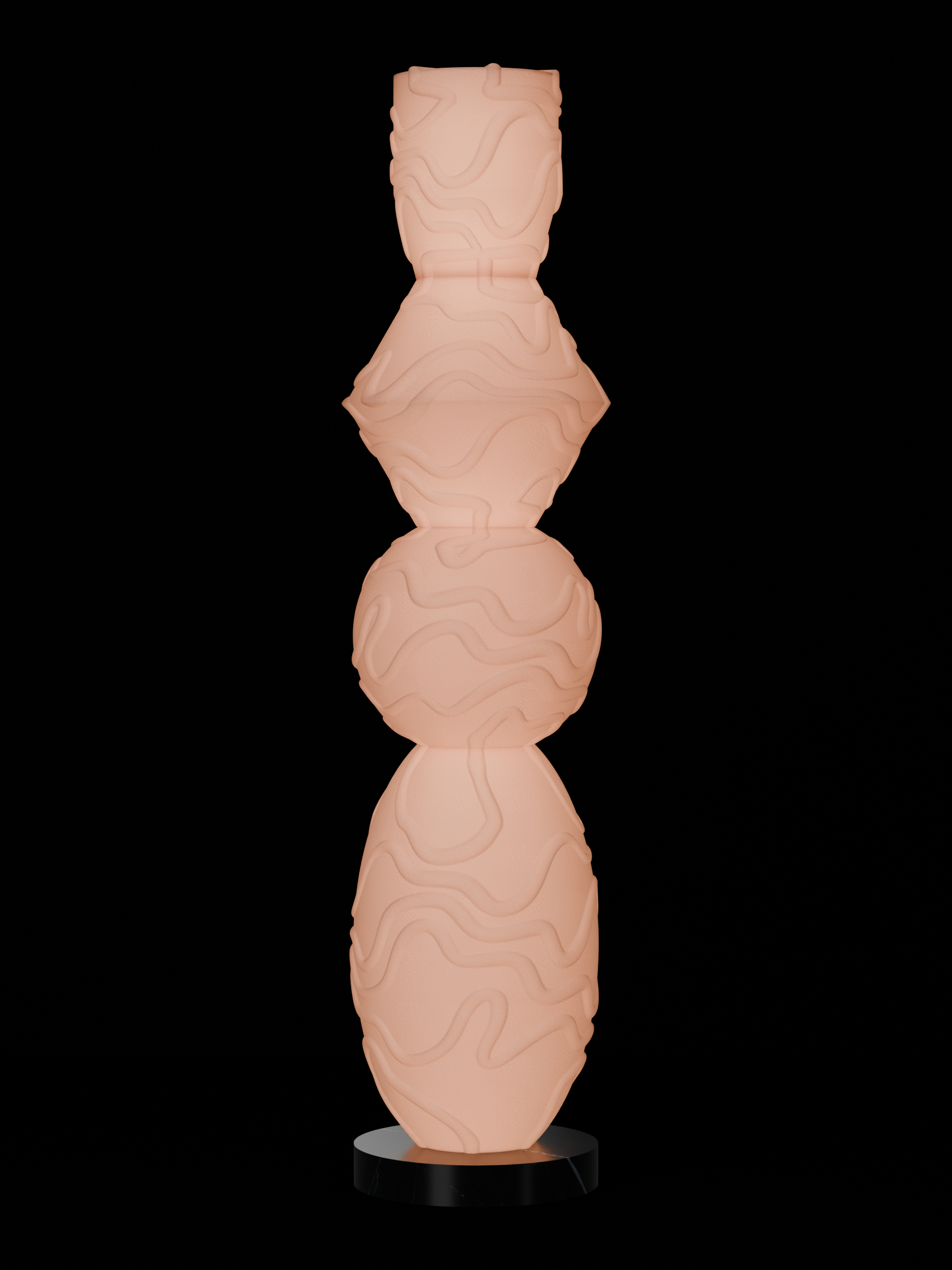 Carried Away Undertow Totem in Canvas on a naturally veined black marble disc base, plug-in, light on.