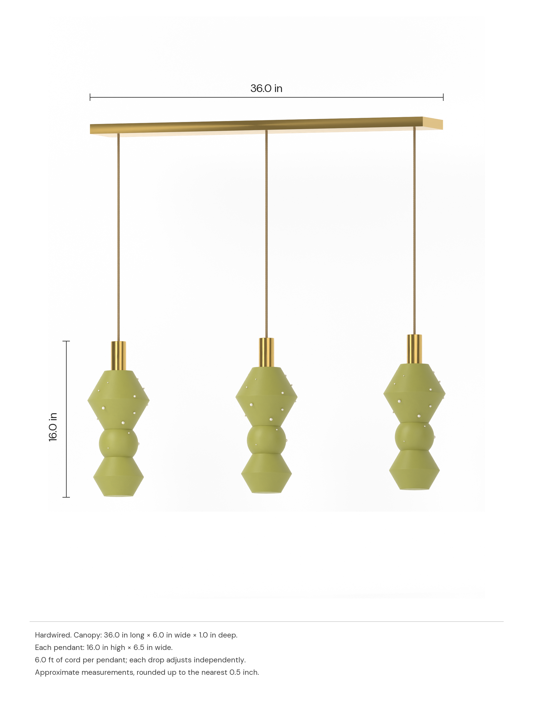 Viv Runway 3 in French Monk with Pearl details and brass hardware, hardwired. Dimension drawing: 36.0 in canopy, 16.0 in pendant height.